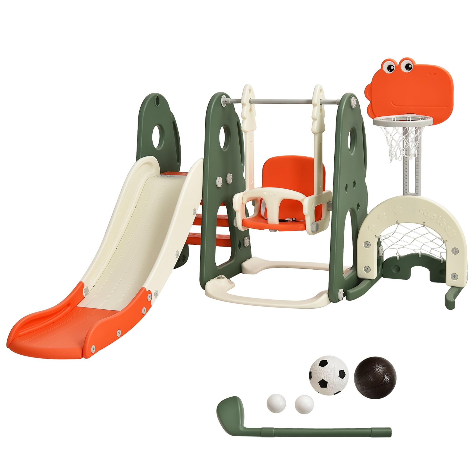 Costway 6 in 1 Toddler Slide and Swing Set Climber Playset w/ Ball Games White\Orange