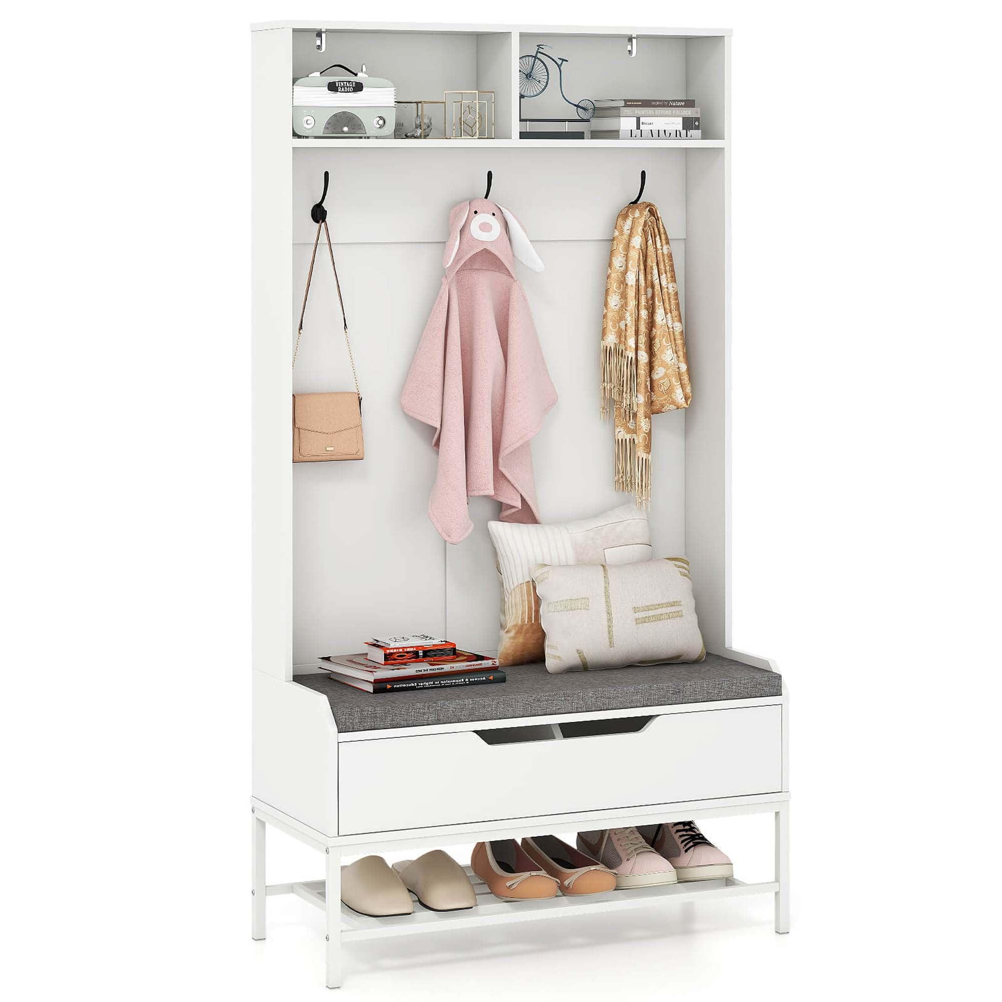 Kadyn Coat Hanger Organizer,Coat Rack, Hall Tree, 69 Inches Tall Hall Tree 4-in-1 Coat Rack with Seat Cushion and Shoe Storage-White