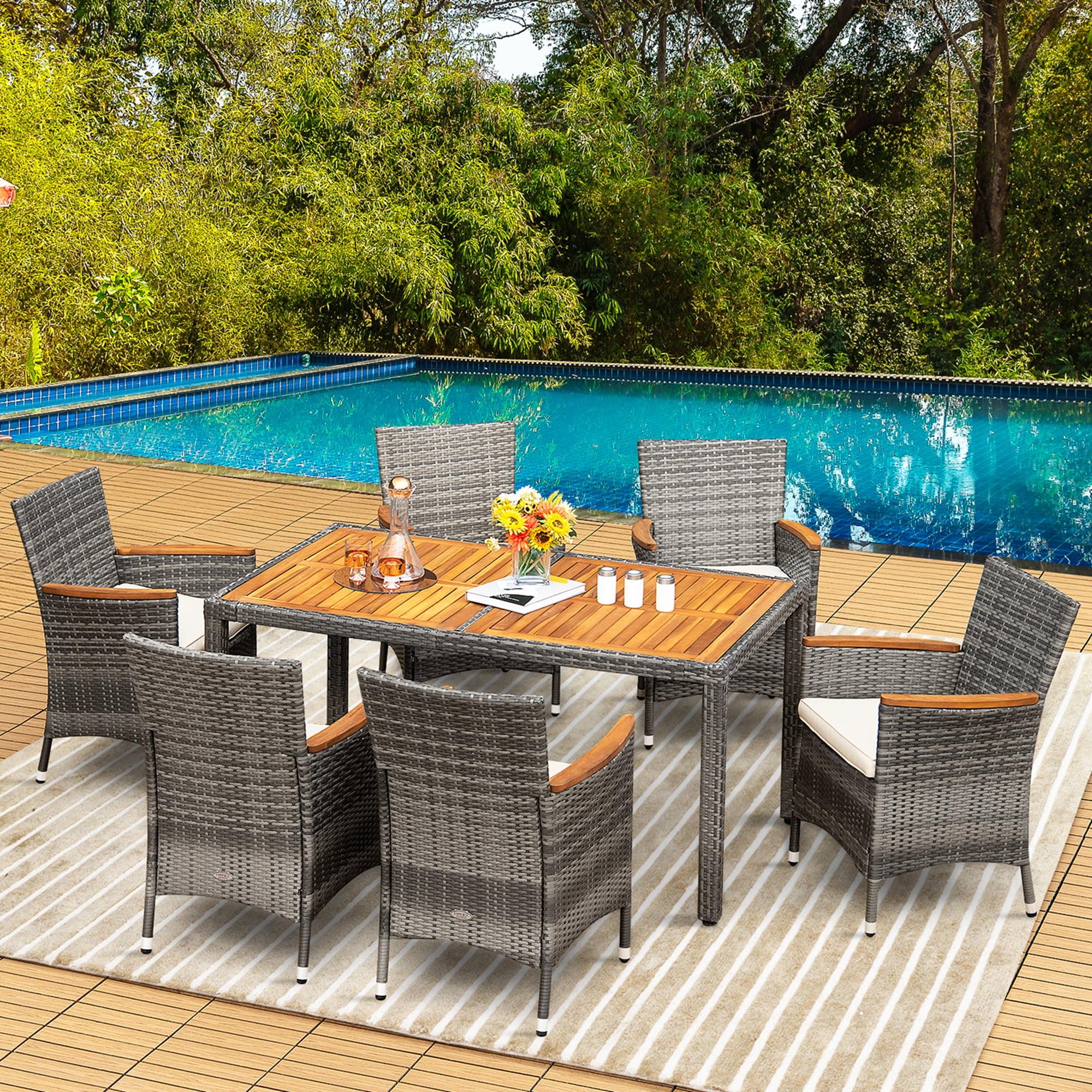 Costway 7PCS Patio Rattan Dining Set Acacia Wood Table Cushioned Chair Mix Gray