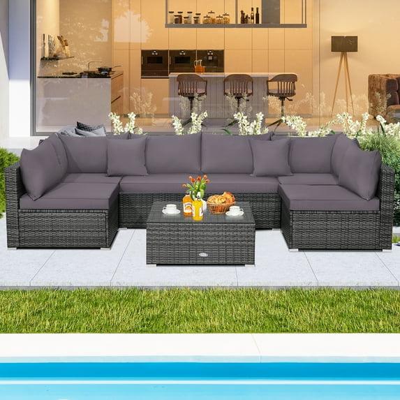 Kadyn Conversation Patio Porch Loveseat Chairs Furniture Set, Patio Furniture Sets 7 Pieces Patio Rattan Furniture Set Sectional Sofa Garden Cushion-Gray