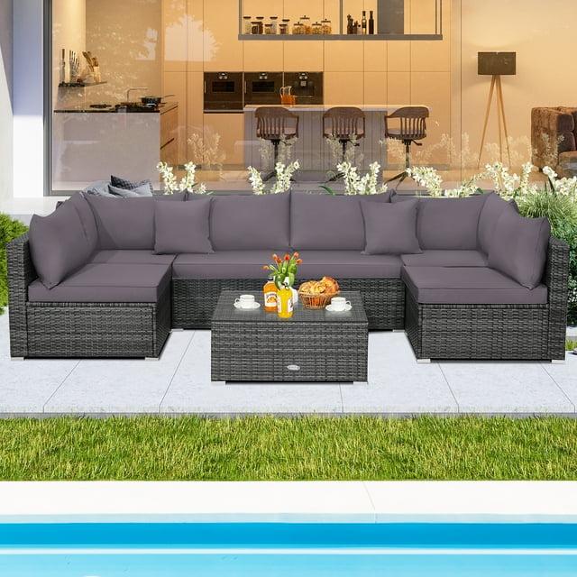 Kadyn Conversation Patio Porch Loveseat Chairs Furniture Set, Patio Furniture Sets 7 Pieces Patio Rattan Furniture Set Sectional Sofa Garden Cushion-Gray