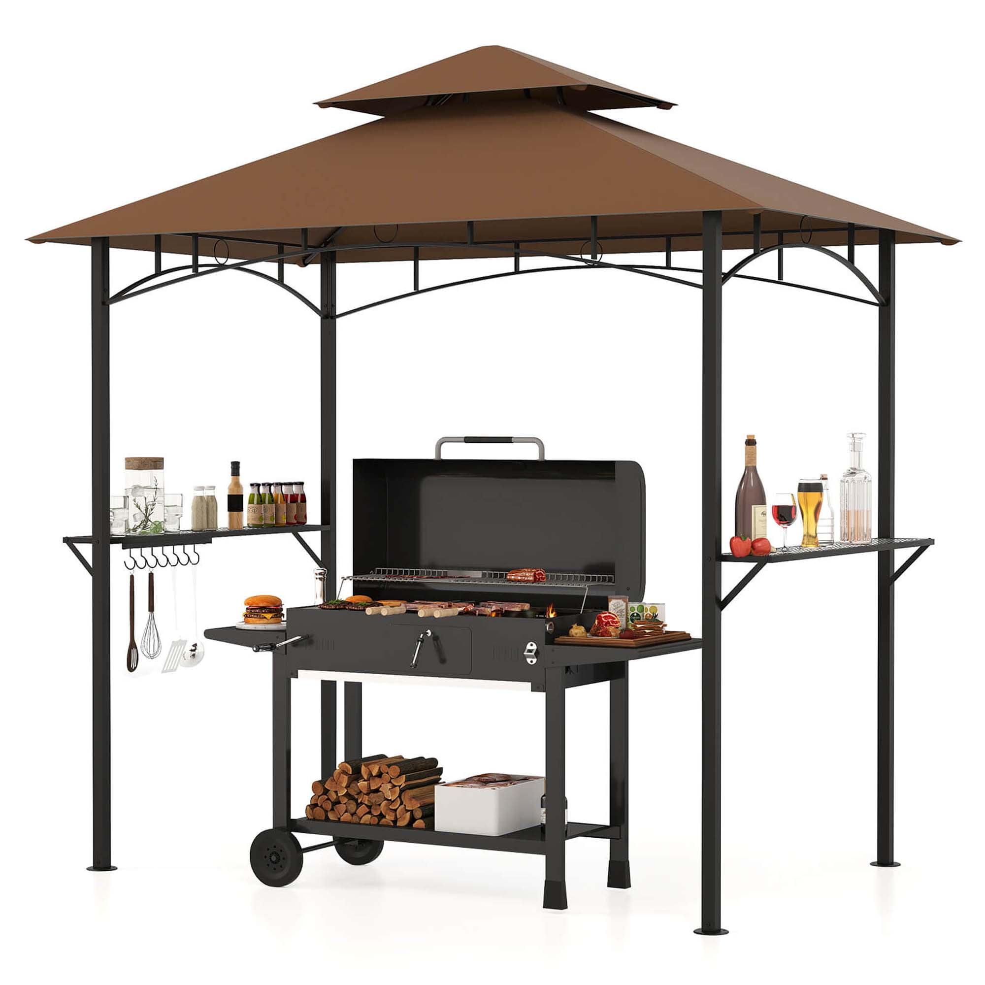 Costway 8' x 5' Grill Gazebo with 2 Shelves 7 Hooks Metal Frame Soft Top Brown