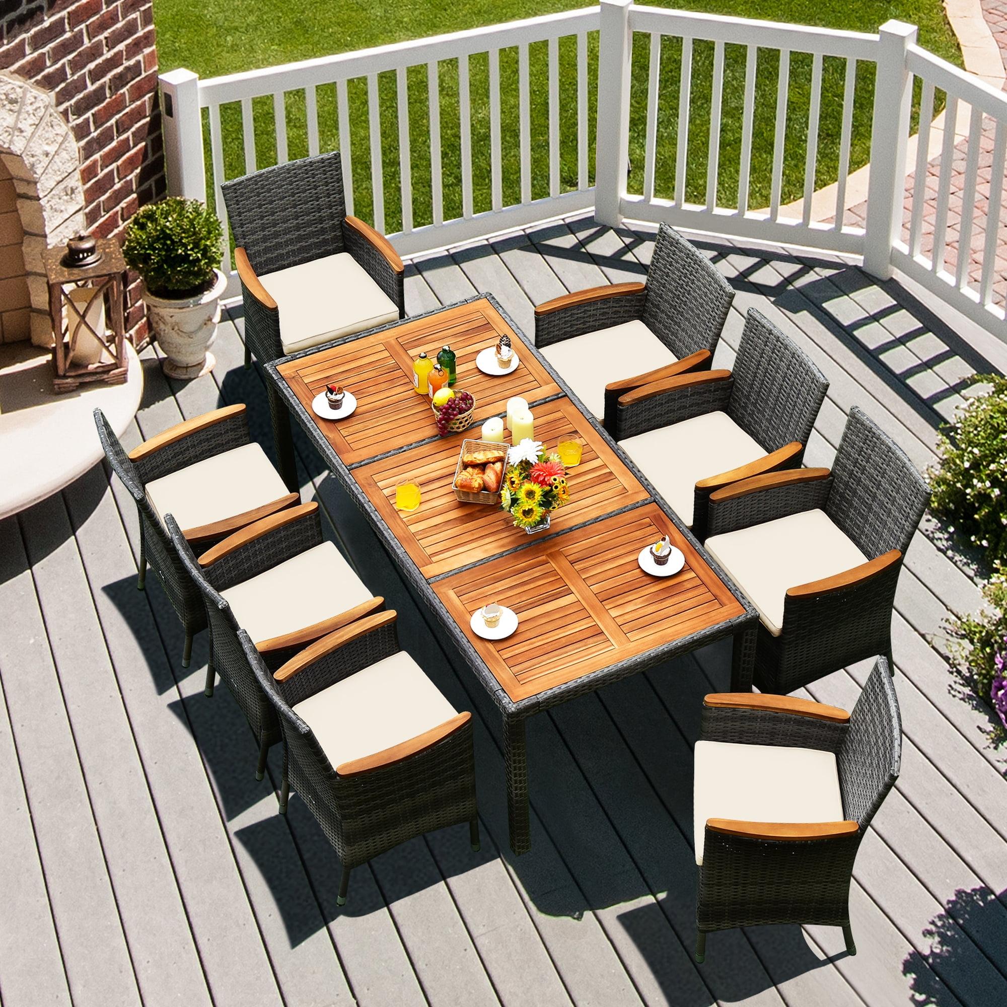 Costway 9PCS Patio Rattan Dining Set Mix Gray Acacia Wood Table Cushioned Chair
