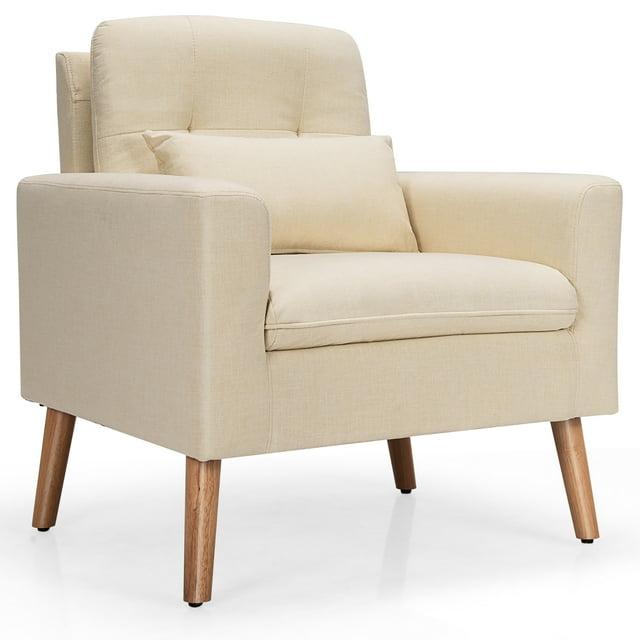 Costway  Accent Chair Upholstered Linen Armchair Sofa Chair w/Waist Pillow Beige
