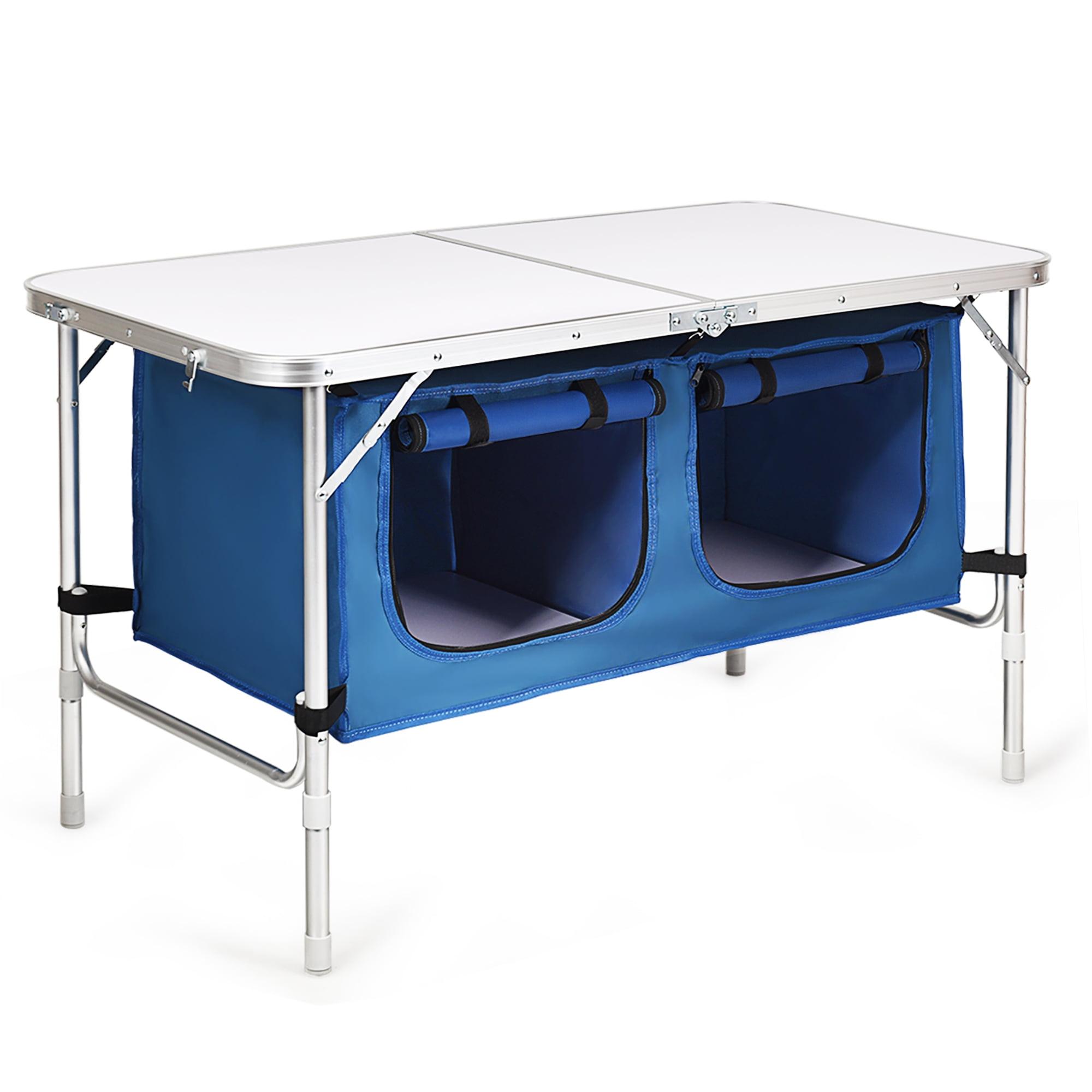 Portable Dark Blue Aluminum Camping Table with Storage Organizer