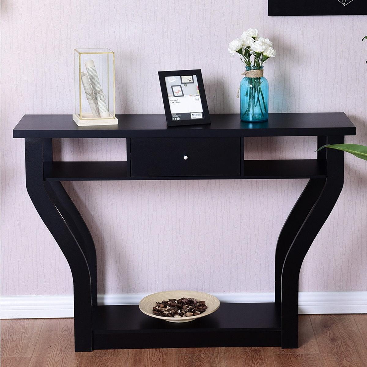 Black Modern Wood Console Table with Drawer Storage