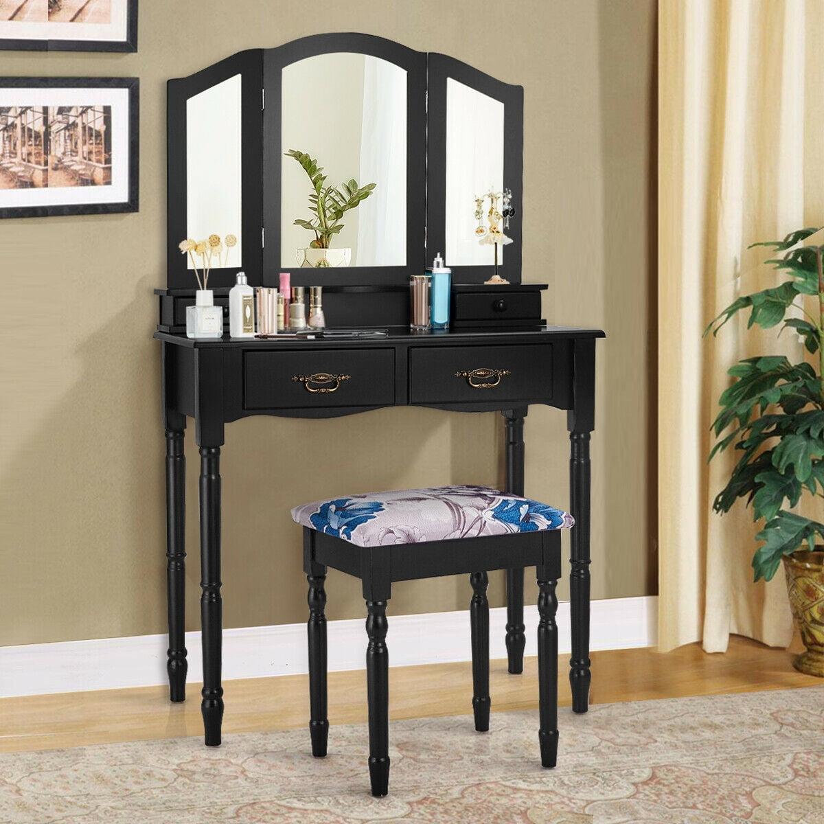 Black MDF Vanity Makeup Table with Tri-Folding Mirror and Bench