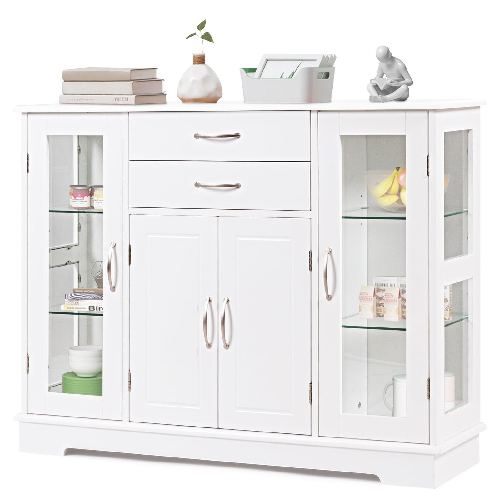 White Buffet Storage Cabinet with Glass Doors and Drawers