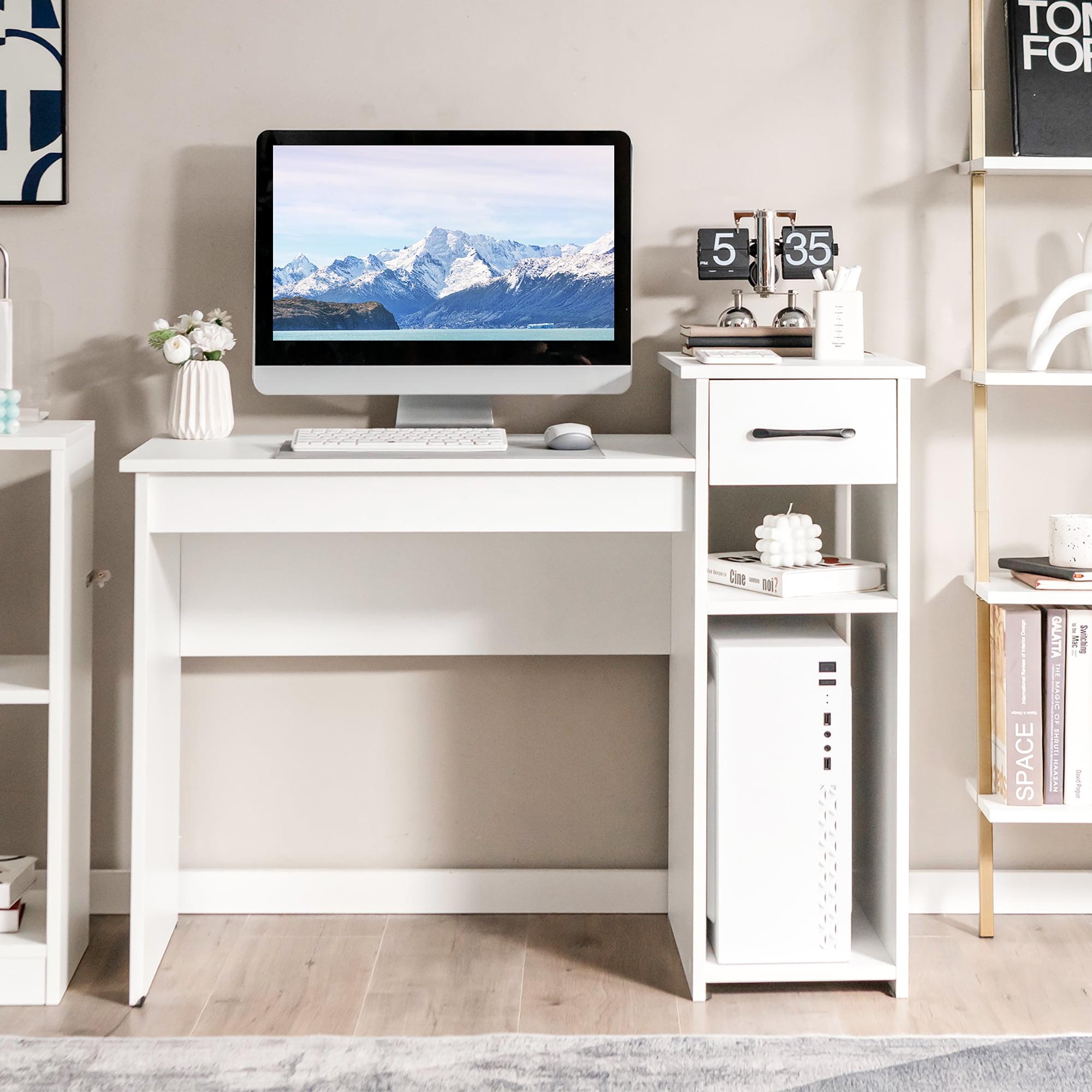 Elegant White Wooden Computer Desk with Drawer and Shelves