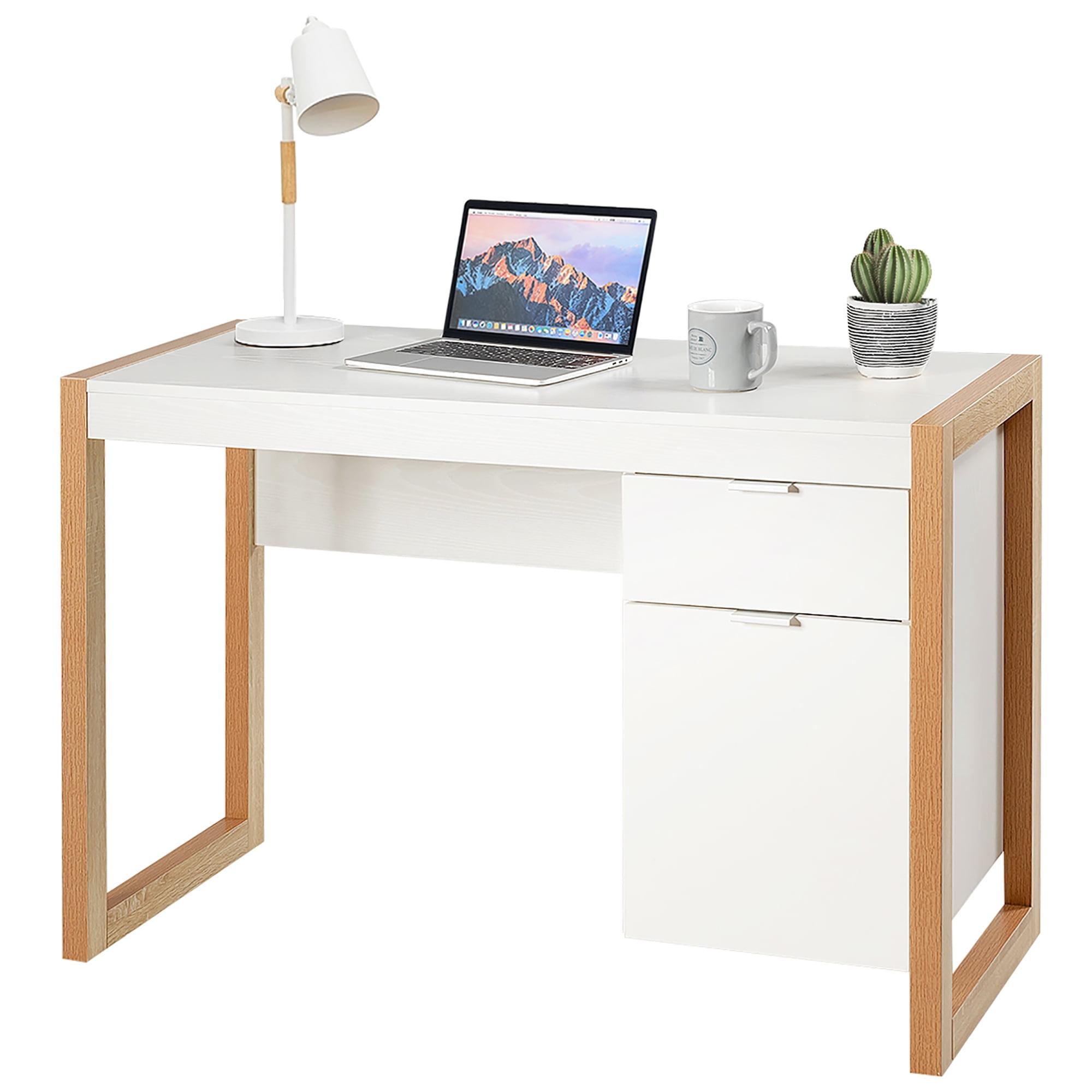 Modern White Natural Wood Computer Desk with Drawer and Cabinet