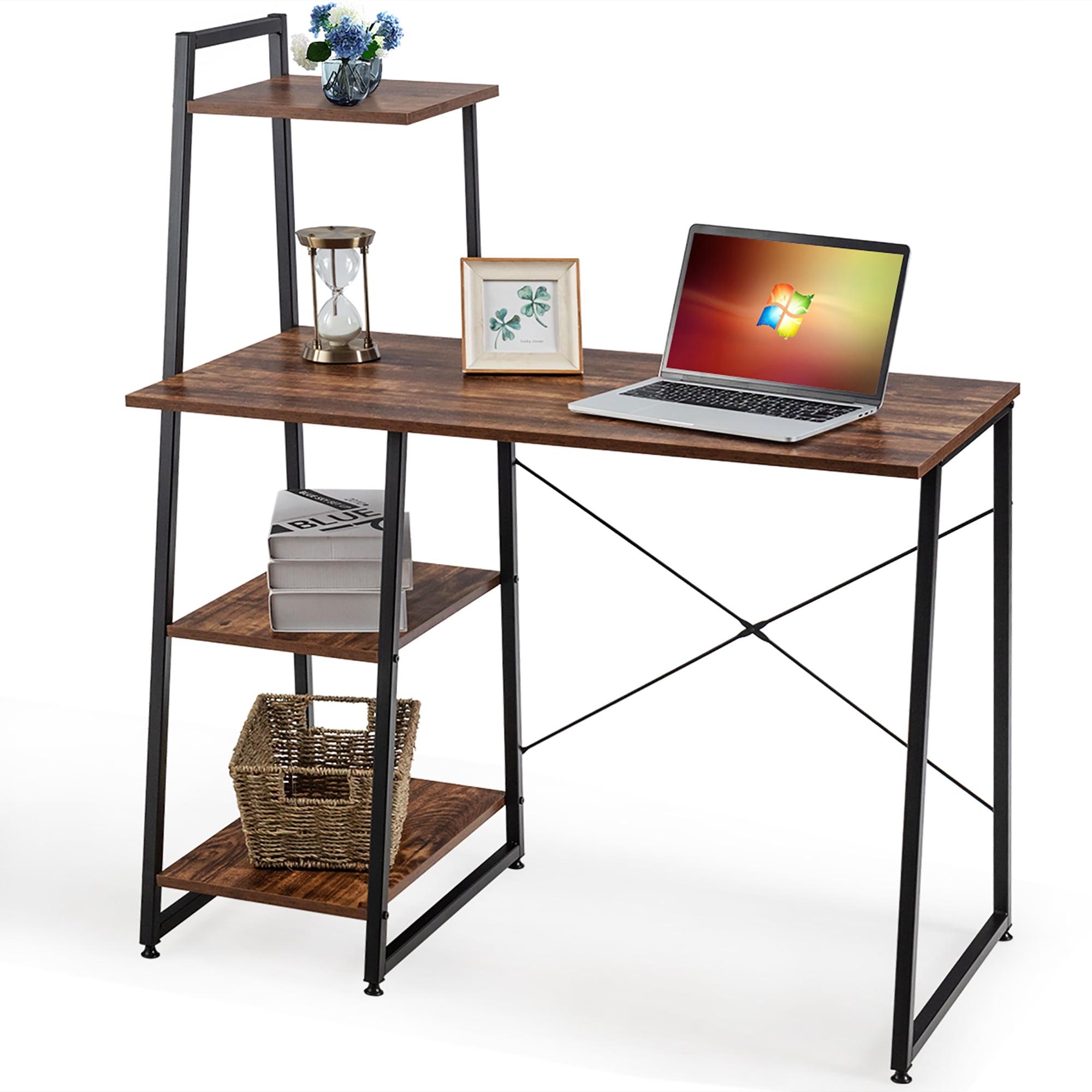 Elegant Corner Writing Desk with 4-Tier Open Shelves in Brown