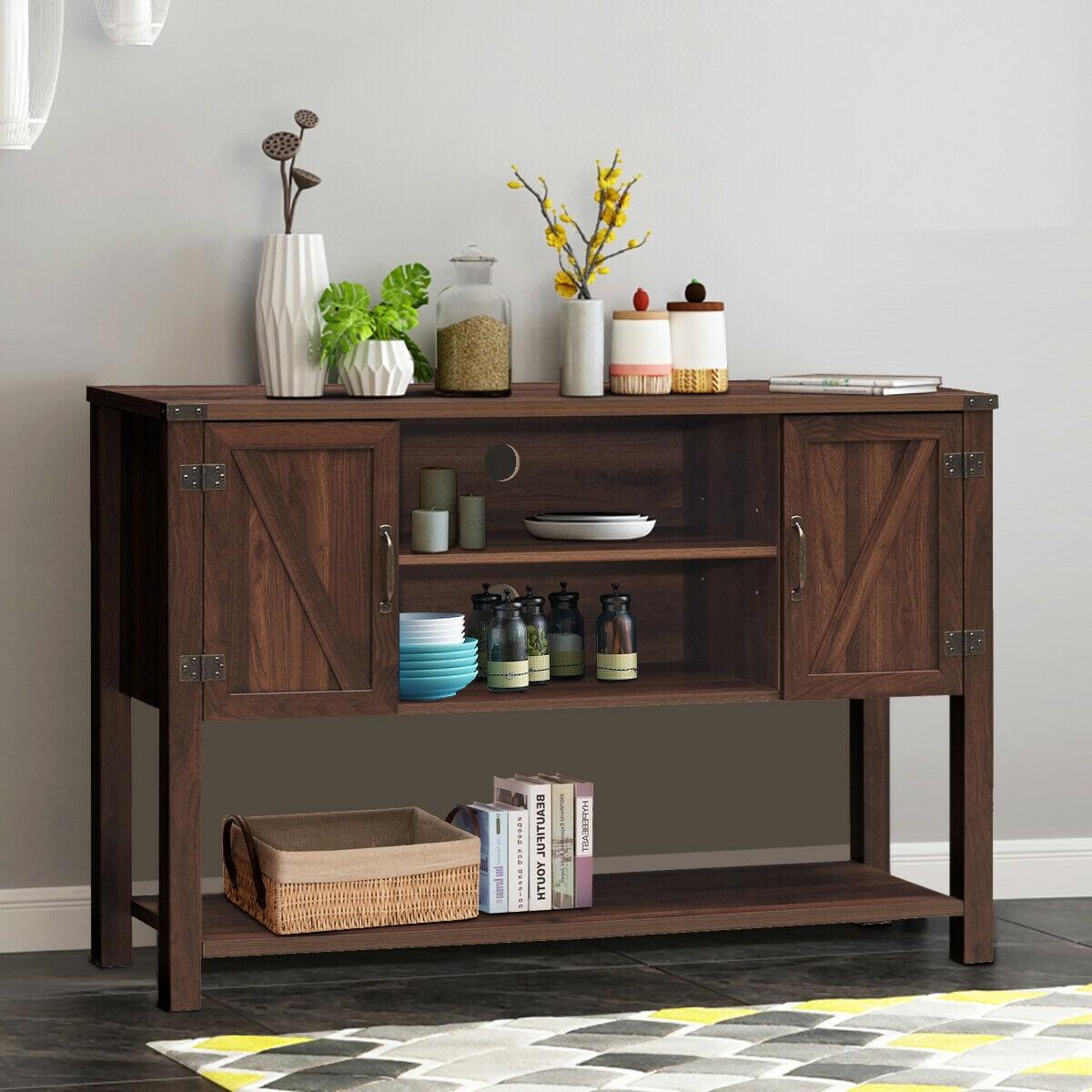 Brown Fir Wood Console Table with Cabinets and Shelves