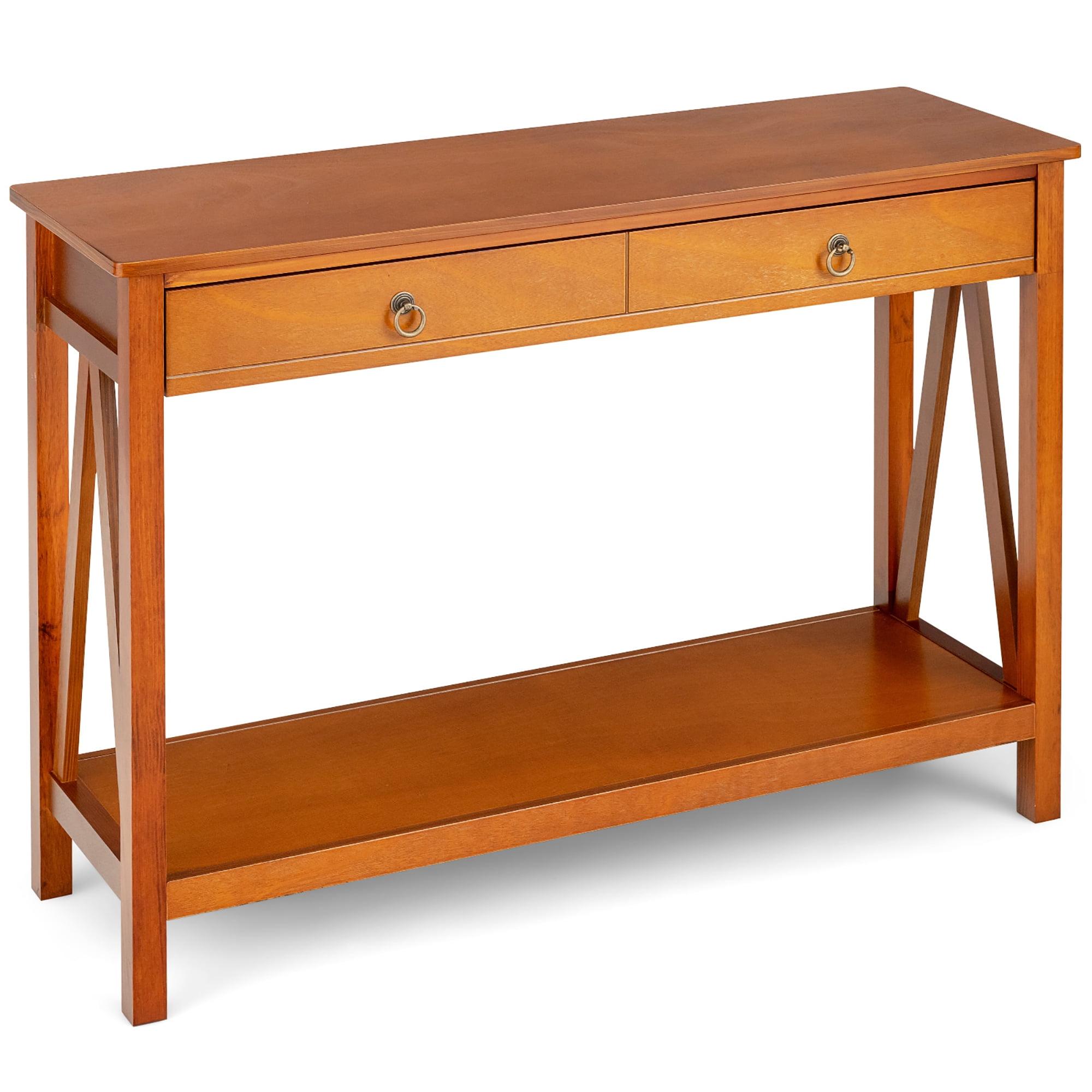 Cherry Brown Wood and Metal Console Table with Storage