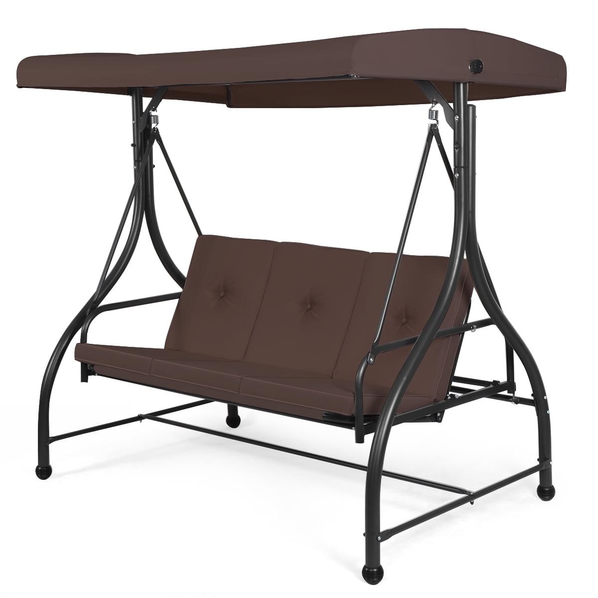 Deluxe Brown Steel Outdoor Swing Chair with Canopy and Cushions