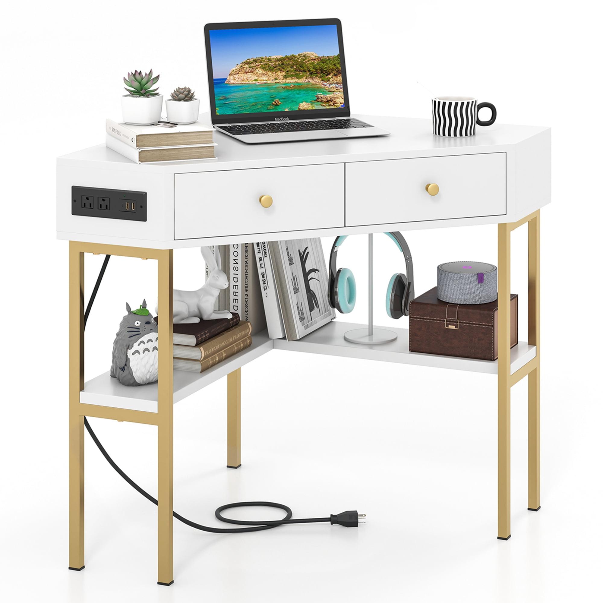 Costway Corner Desk with Built-in Charging Station Storage Drawers & Open Shelves Office White