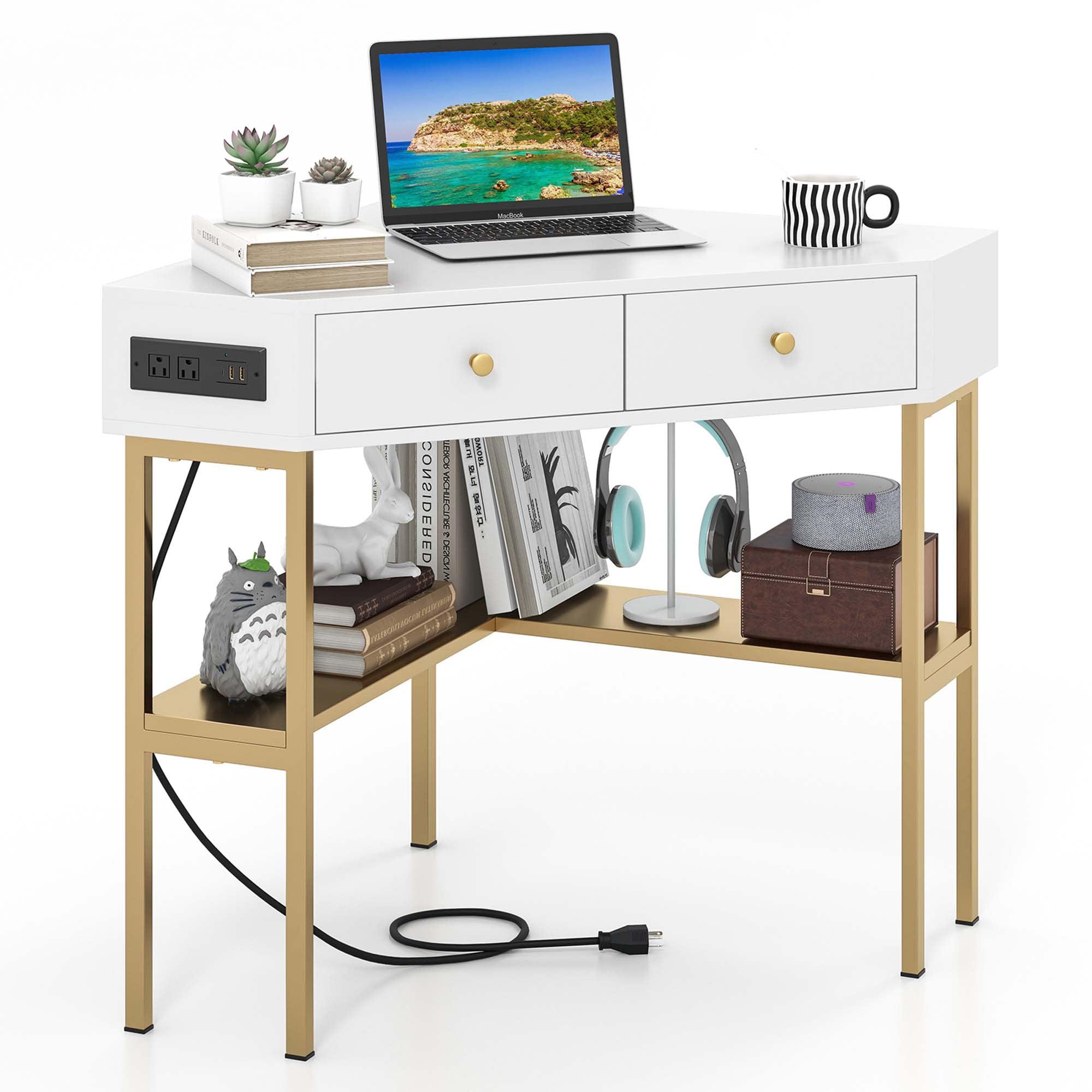 Costway Corner Desk with Built-in Charging Station Storage Drawers & Open Shelves Office White