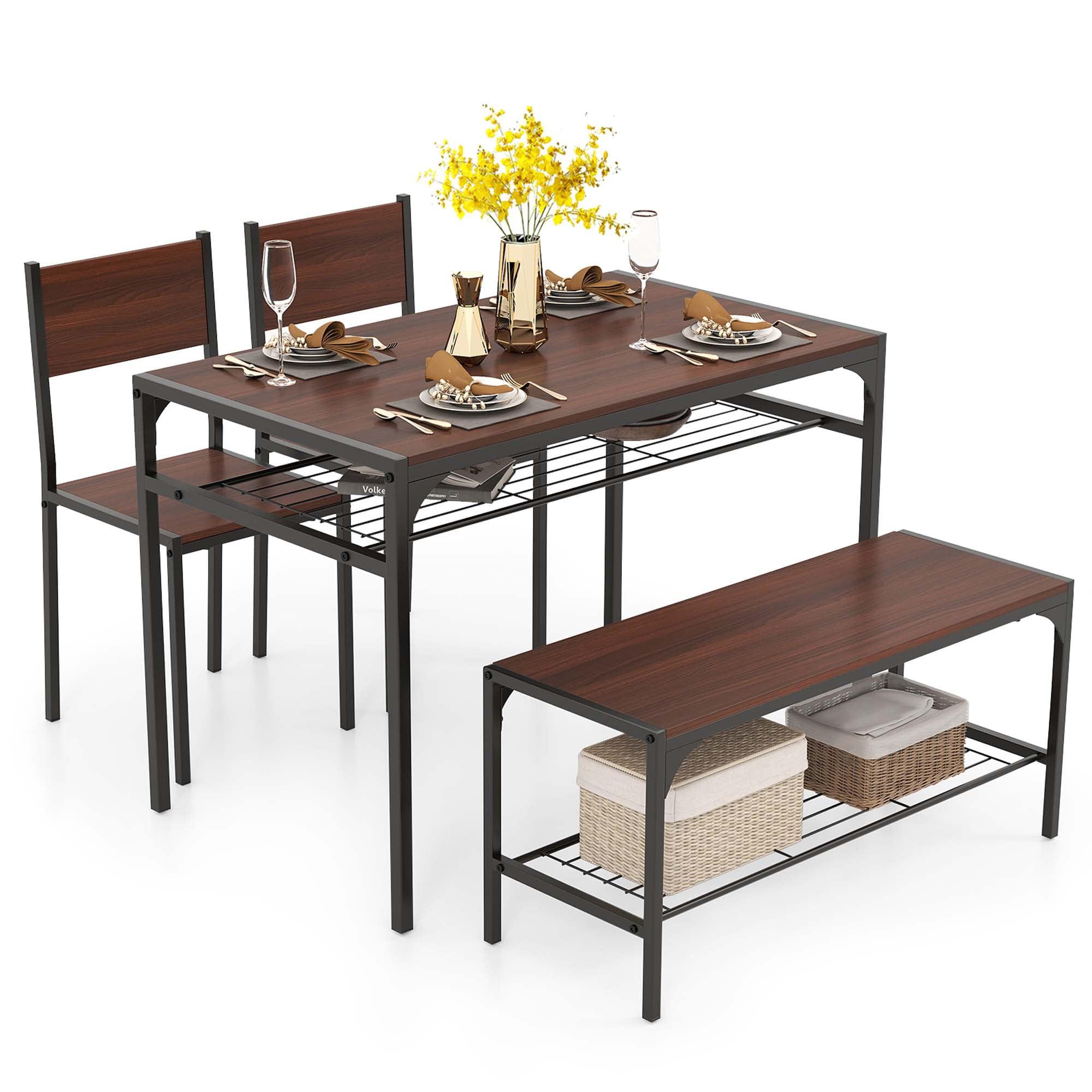 Costway 4pcs Dining Table Set Rustic Desk 2 Chairs & Bench w/ Storage Rack Brown