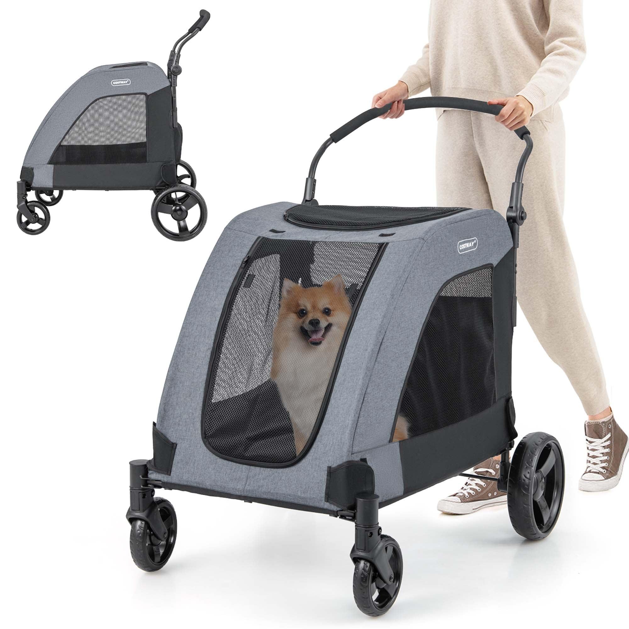 Costway Extra Large Dog Stroller with Dual Entry Safety Belt Adjustable Handle 4 Wheels Blue/Grey