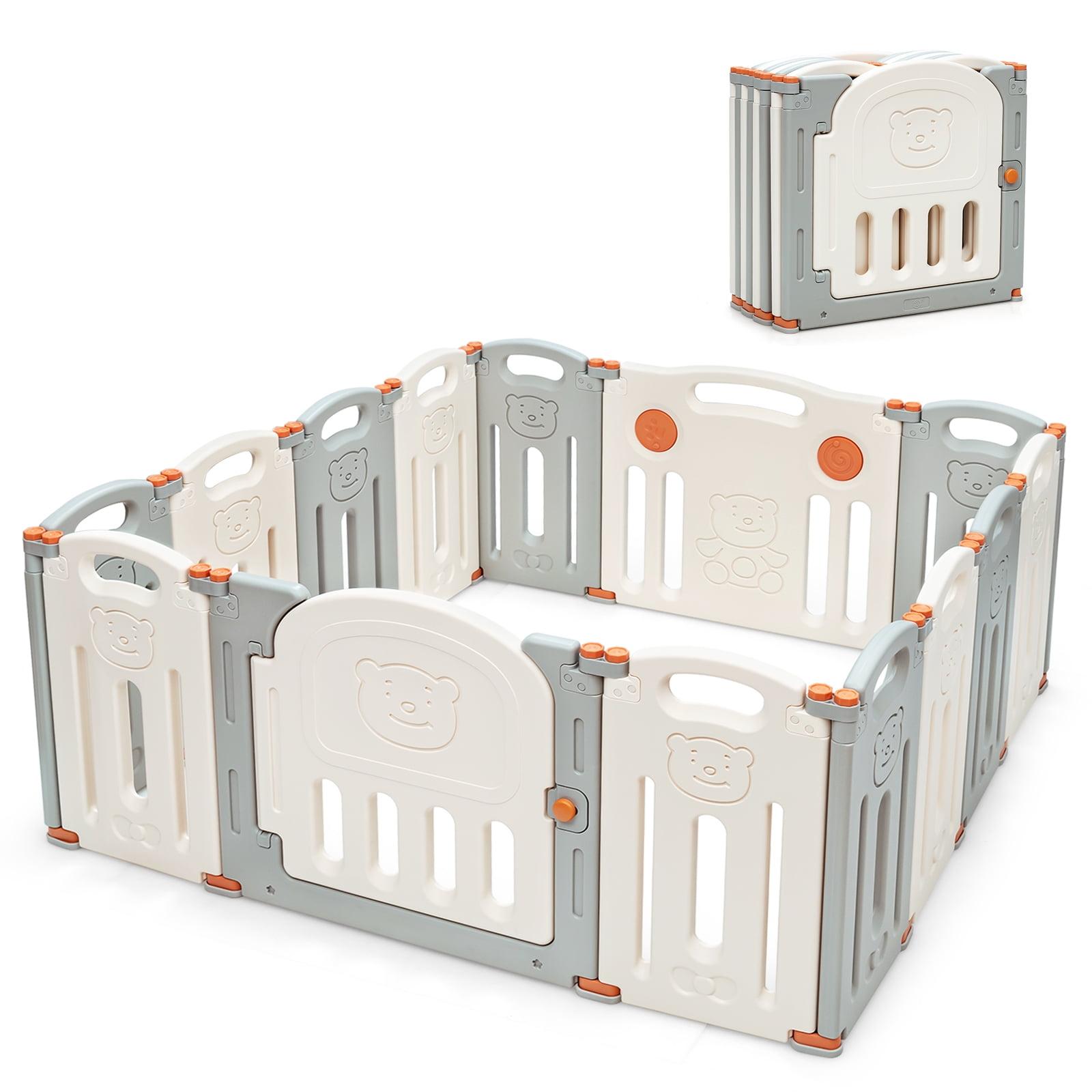 Beige and Gray Foldable Baby Playpen with Safety Lock