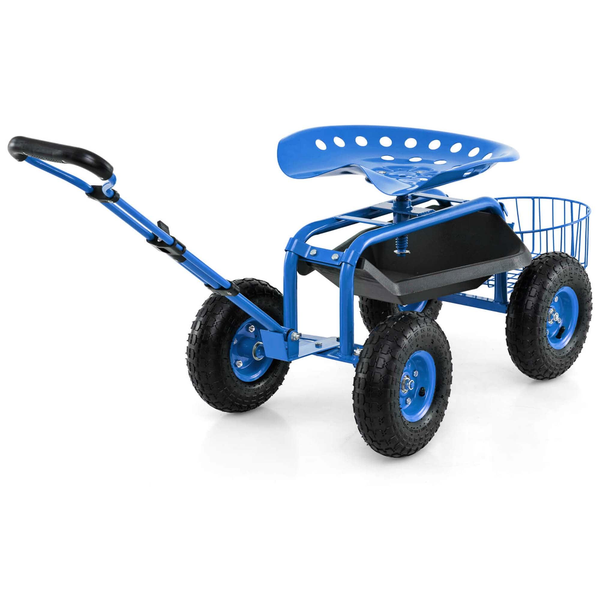 Costway Garden Cart Patio Wagon Roll Work Seat with Tray Basket Extendable Handle Blue