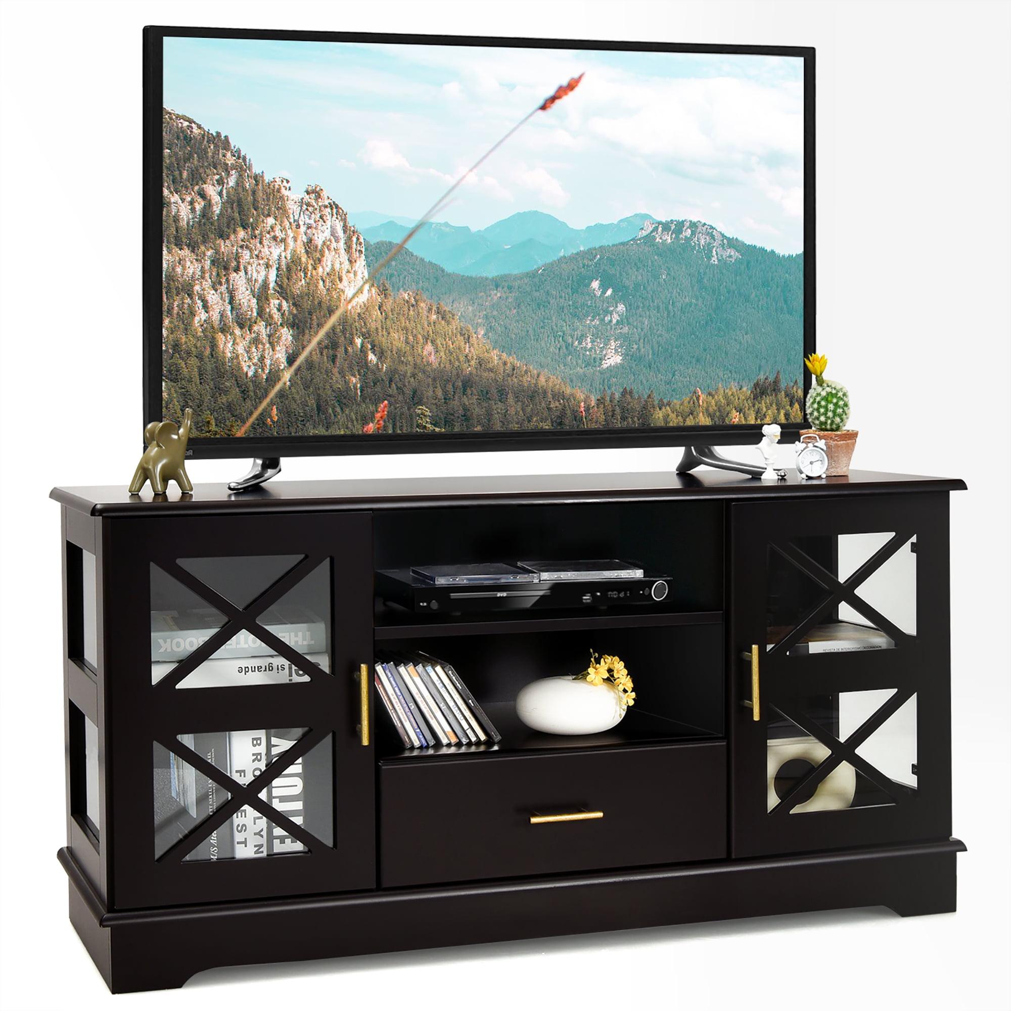 Elegant Brown MDF TV Stand with Glass Doors and Storage