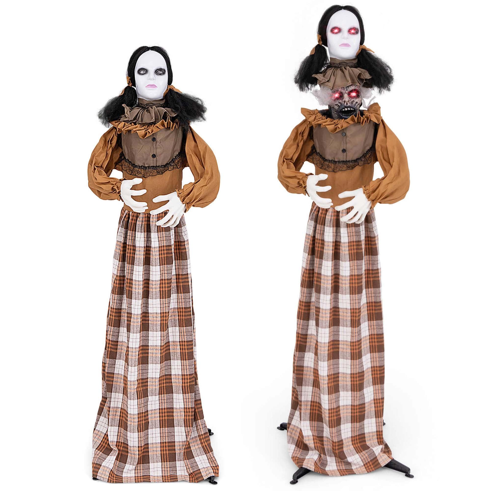 Tangkula 5.8 FT Halloween Animated Haunted Woman with Pop Up Head Animatronic Scary Witch w/ Sound Activated Design & Control Button Decoration