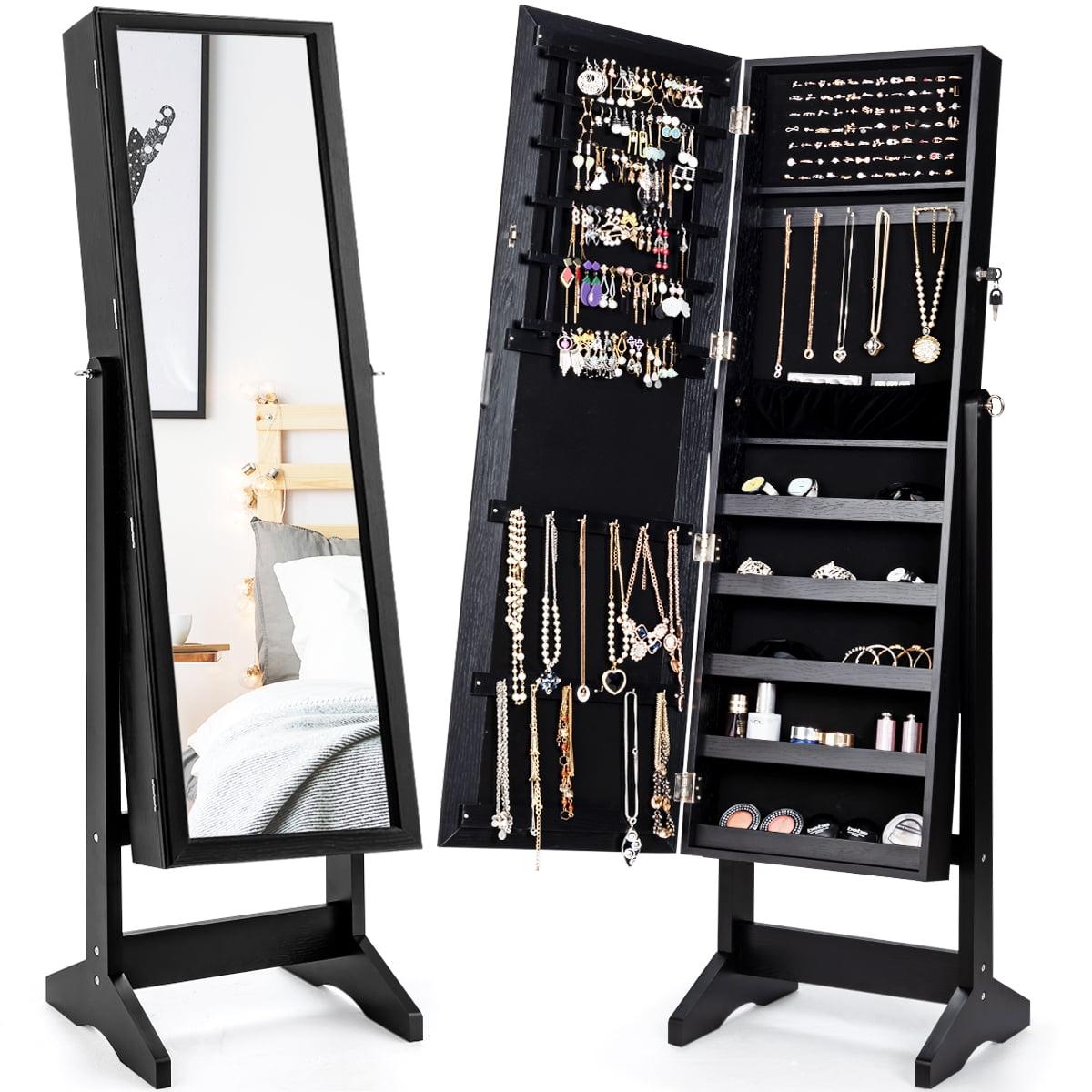 Black MDF Freestanding Jewelry Cabinet with Mirror and LED Lights