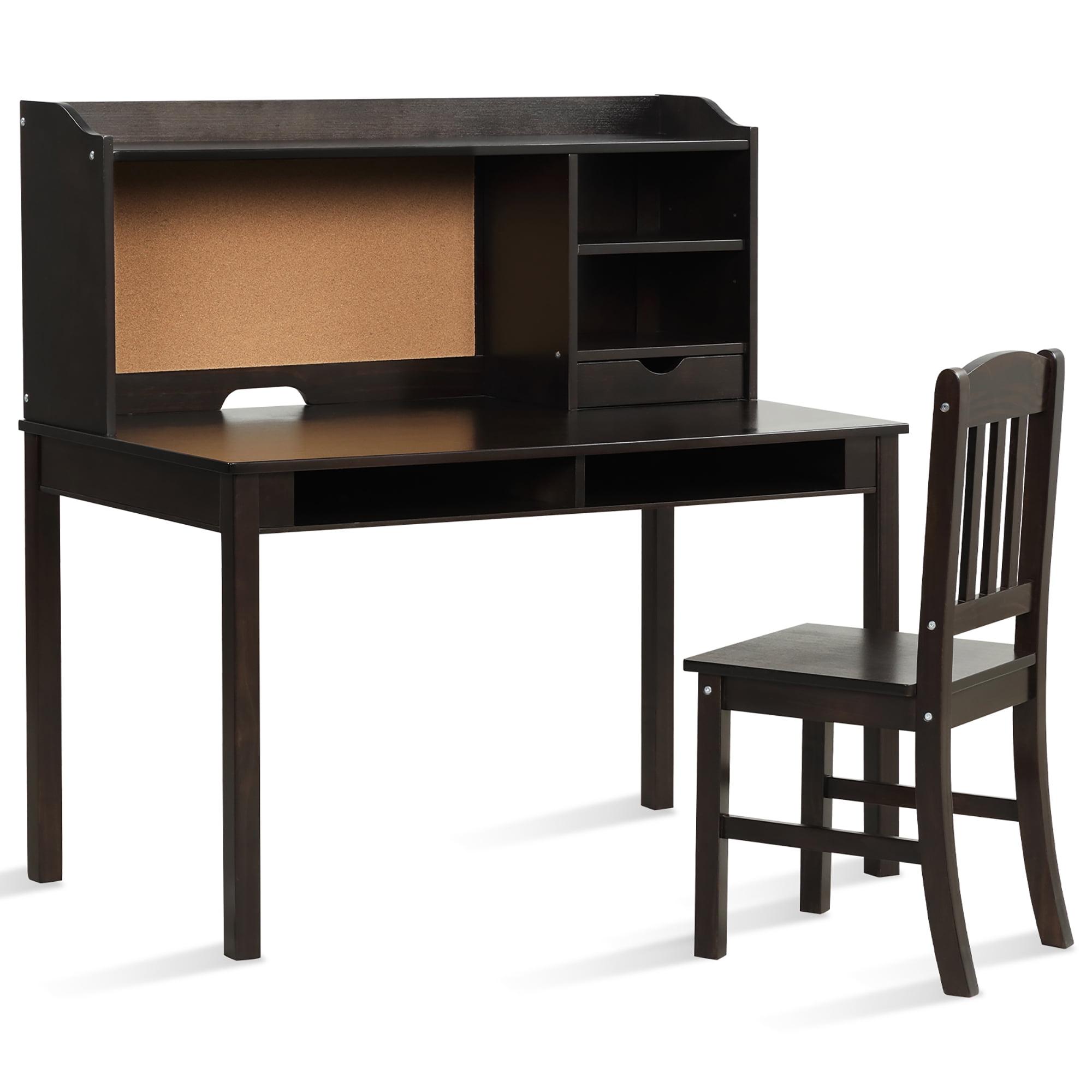 Costway Kids Desk & Chair Set Study Writing Desk w/ Hutch & Bookshelves Brown