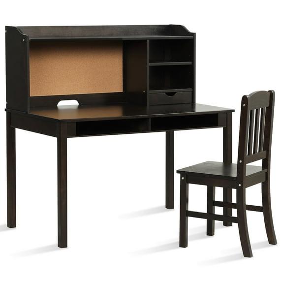 Costway Kids Desk & Chair Set Study Writing Desk w/ Hutch & Bookshelves Brown