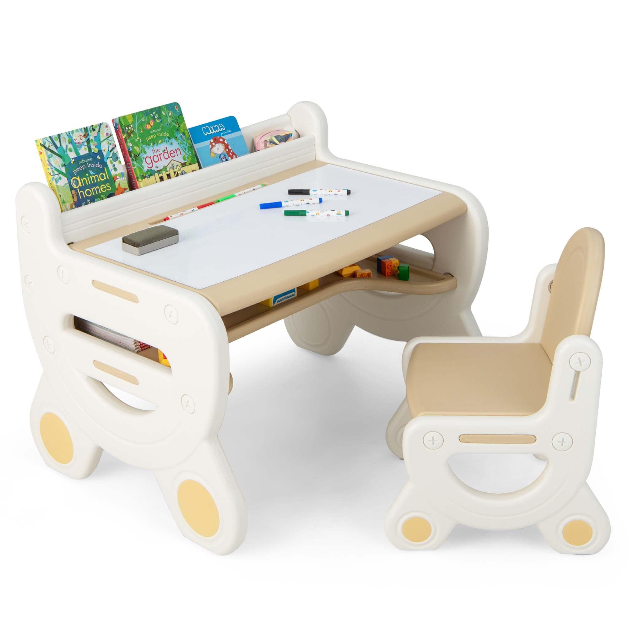 Costway Kids Drawing Table & Chair Set for Reading Playing with Pens & Blackboard Eraser Blue/Brown