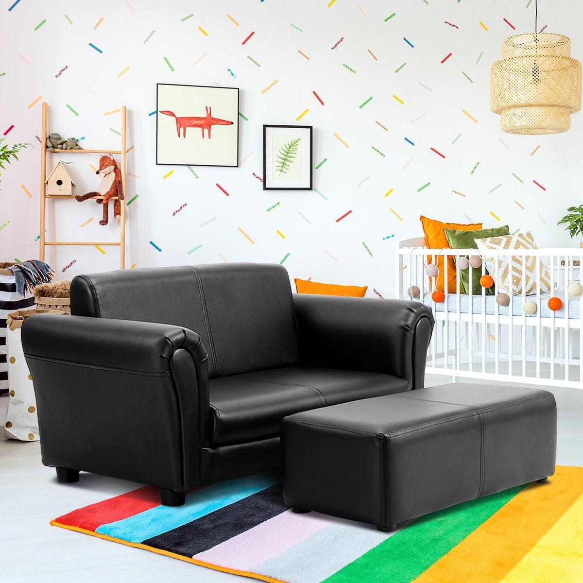 Black Faux Leather Kids Sofa with Ottoman