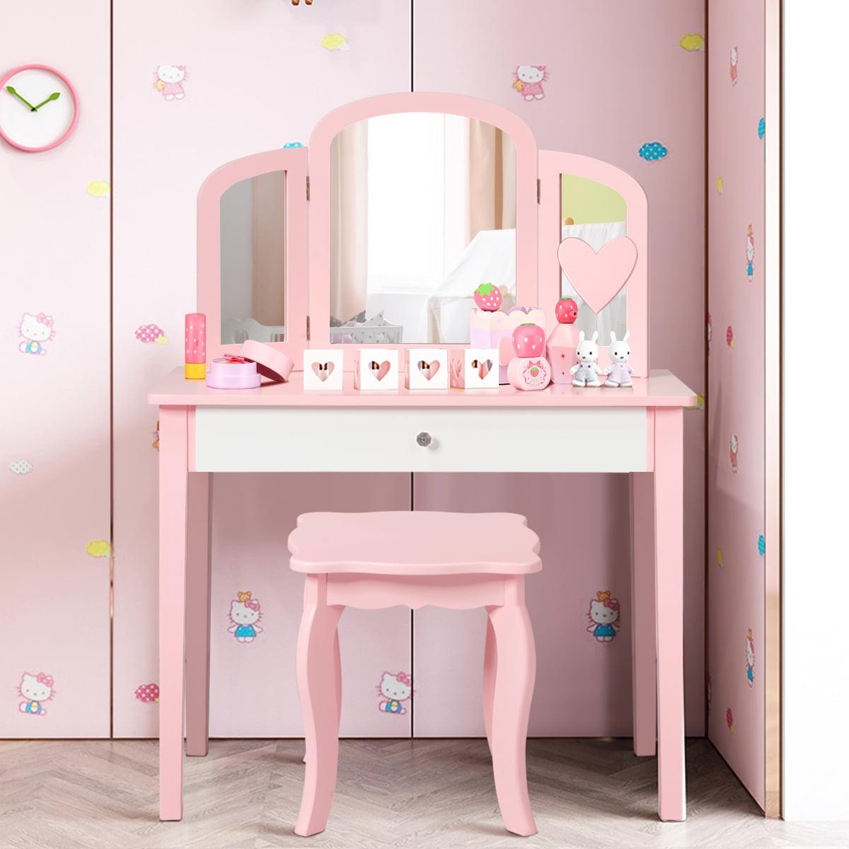 Costway Kids Vanity Set Princess Makeup Dressing Play Table Set W/Mirror