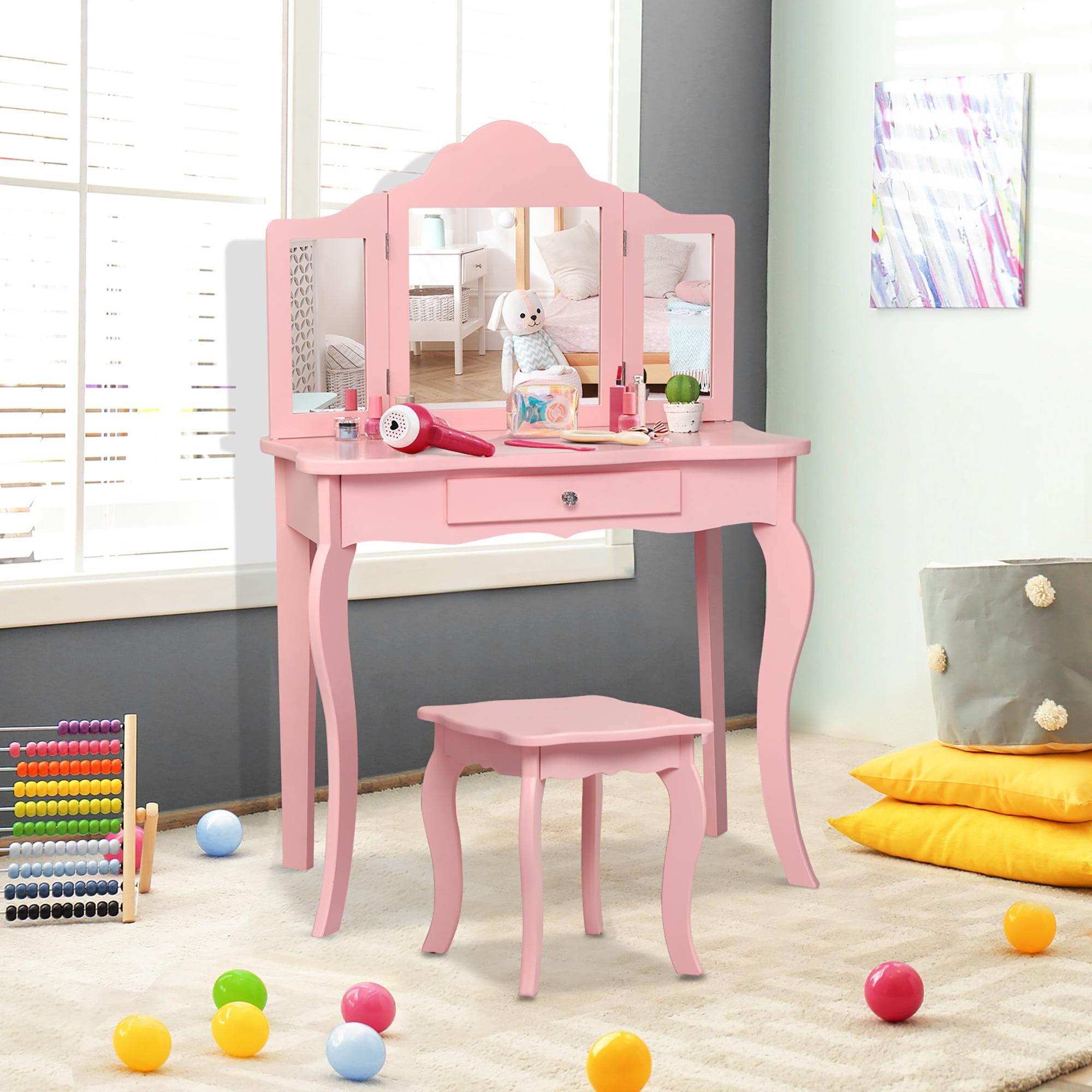 Pink MDF Kids Vanity Table and Stool Set with Tri-Folding Mirror