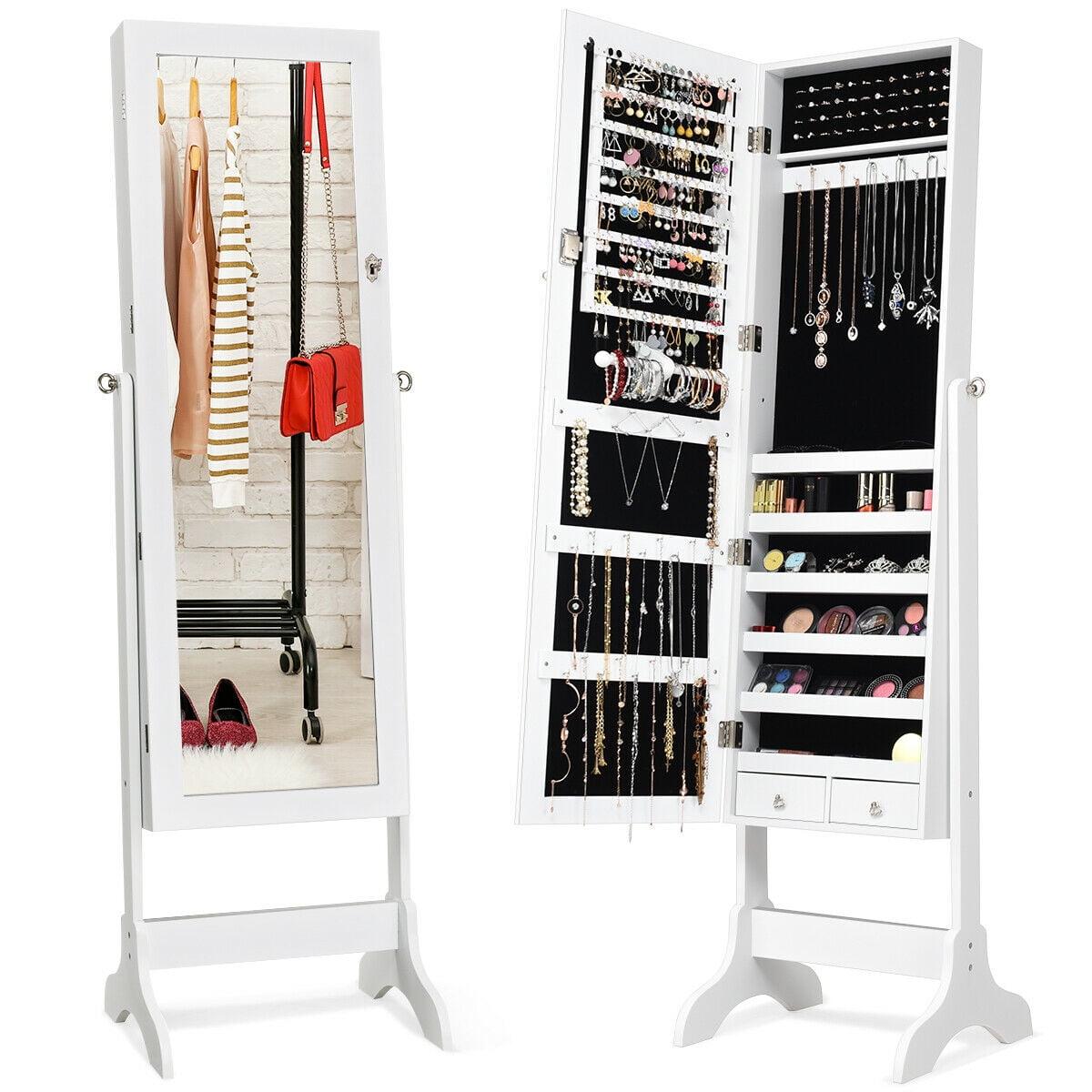 Costway Lockable Mirrored Jewelry Cabinet Armoire Organizer Storage with Stand & LED Lights White/Black/Brown