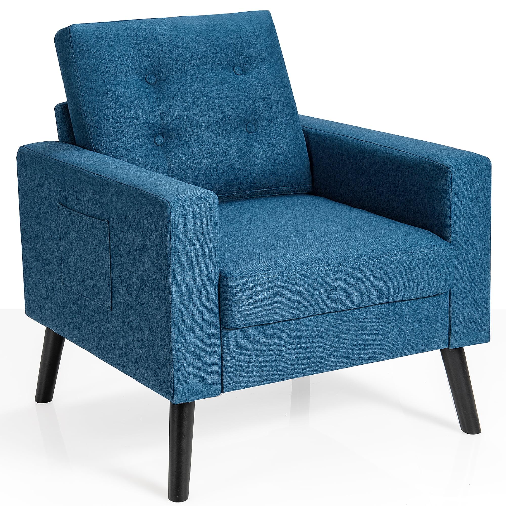 Navy Blue Fabric Upholstered Armchair with Side Pockets