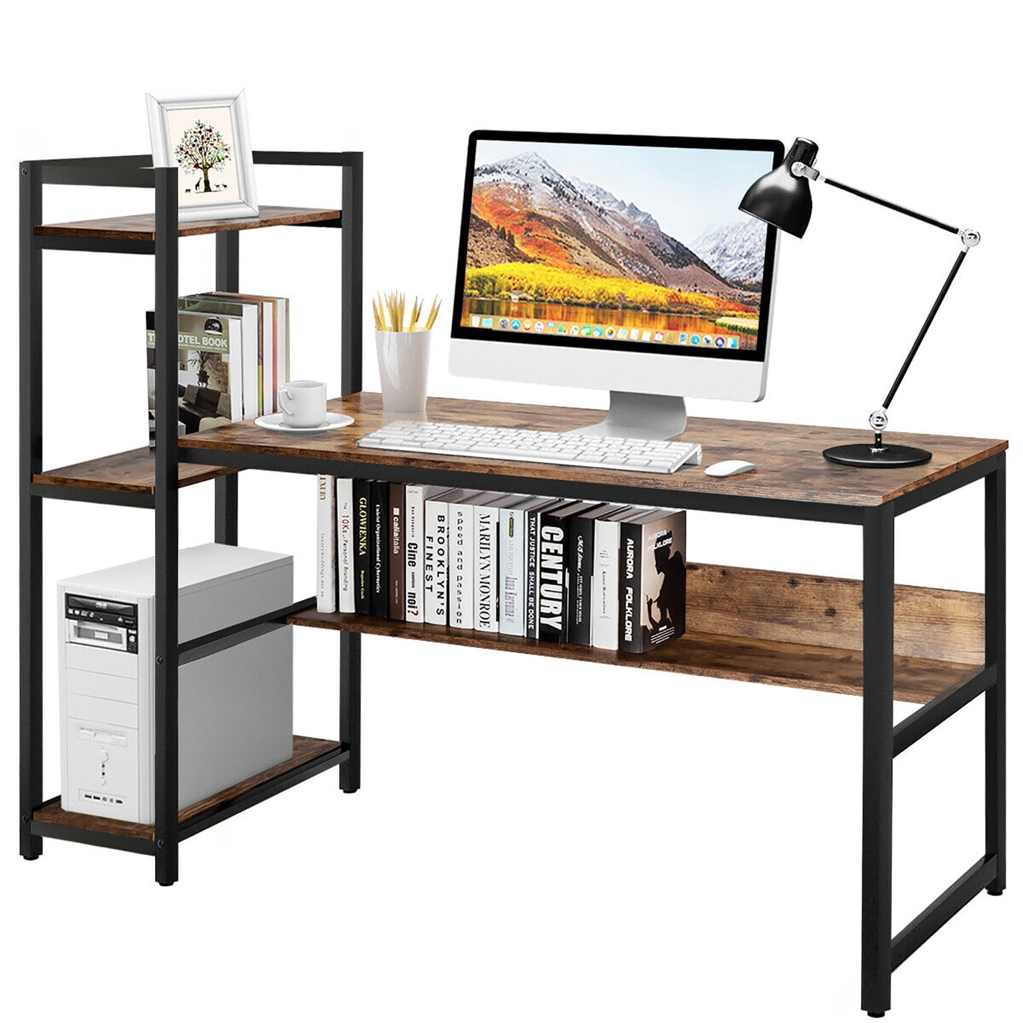 Rustic Brown L-Shaped Computer Desk with 4-Tier Storage Shelves