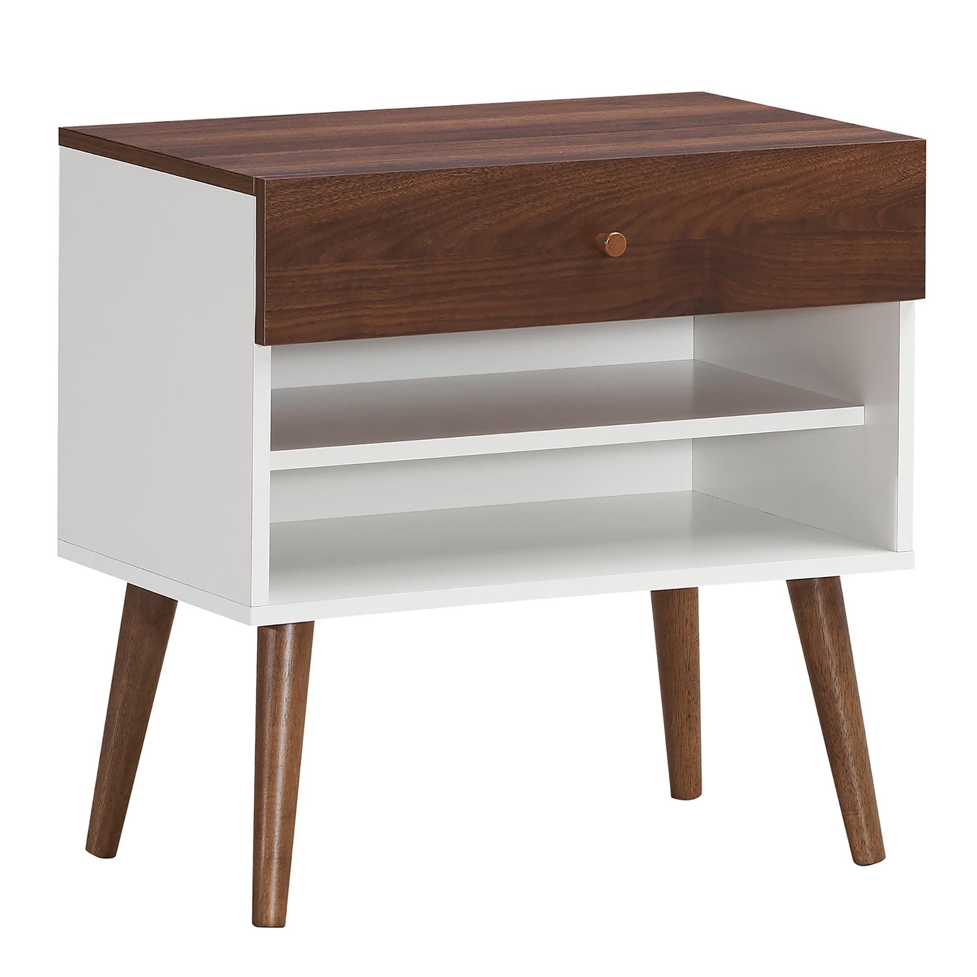 Walnut and White Mid-Century Modern Nightstand with Drawer