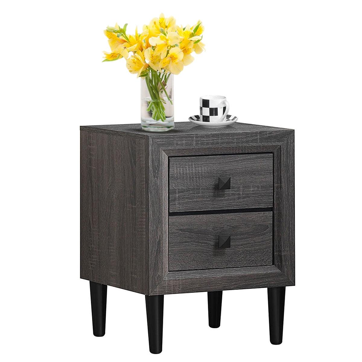 Grey MDF and Rubber Wood 2-Drawer Nightstand with Black Legs