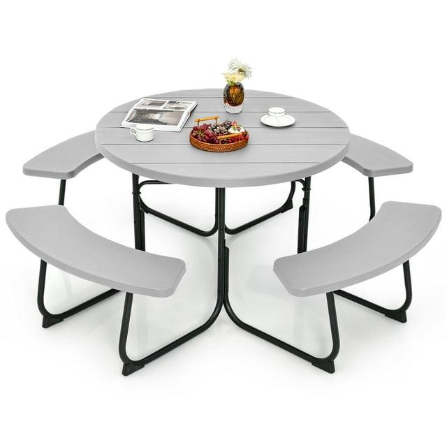 Costway Outdoor 8-person Round Picnic Table Bench Set with 4 Benches & Umbrella Hole Grey