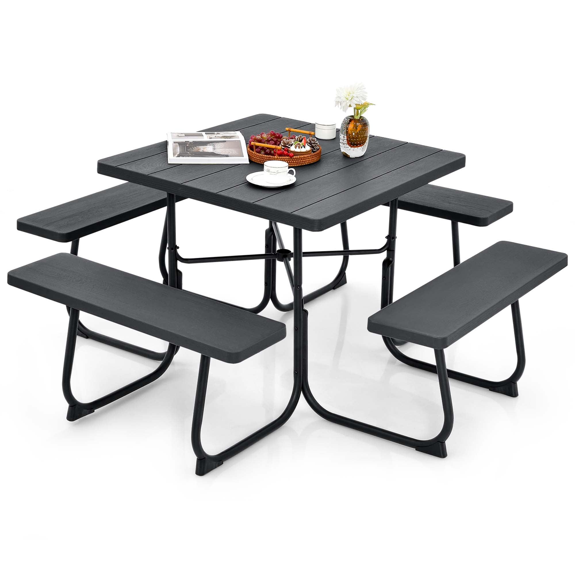 Costway Outdoor 8-person Square Picnic Table Bench Set with 4 Benches & Umbrella Hole Black