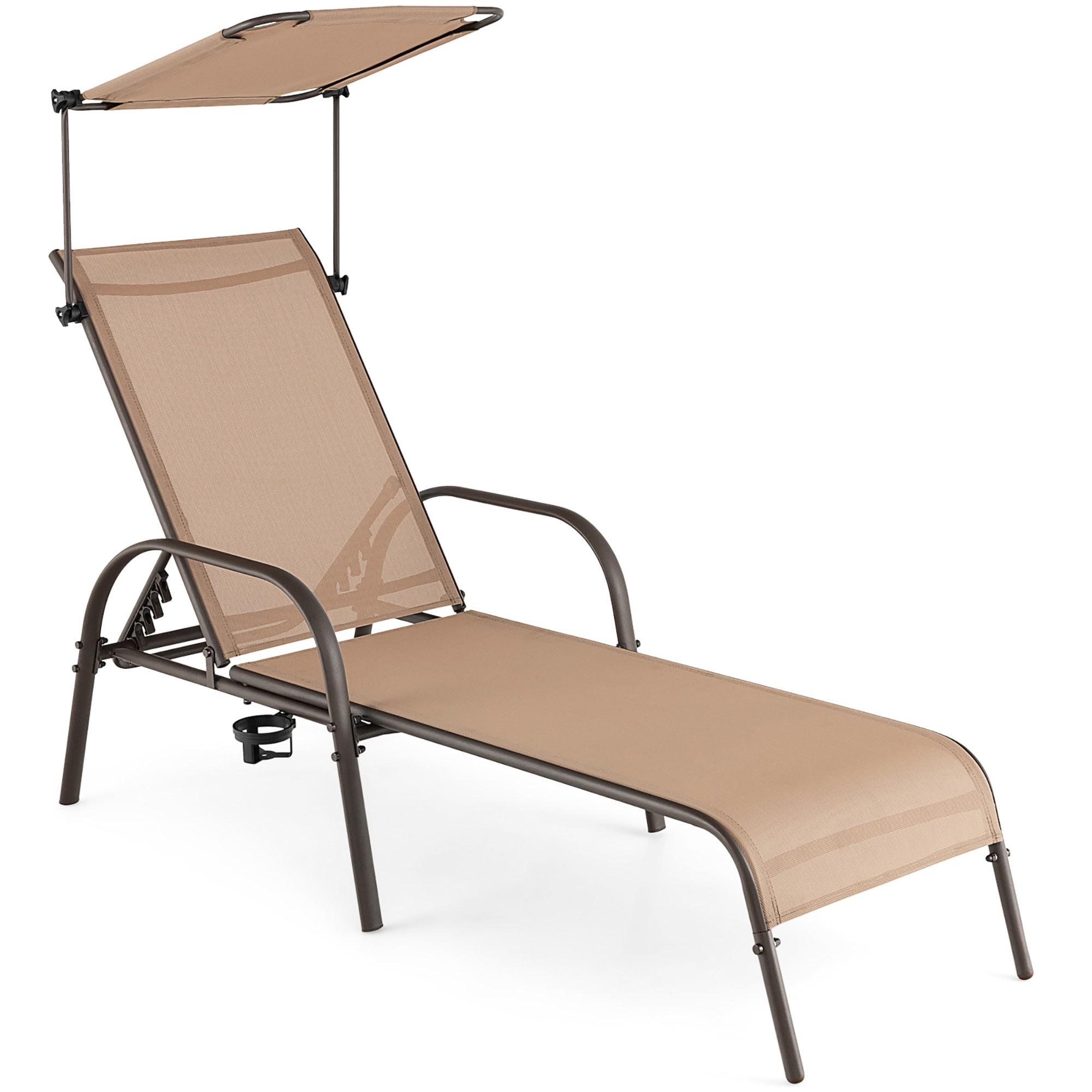 Brown Metal Outdoor Chaise Lounge with Adjustable Canopy and Cup Holder