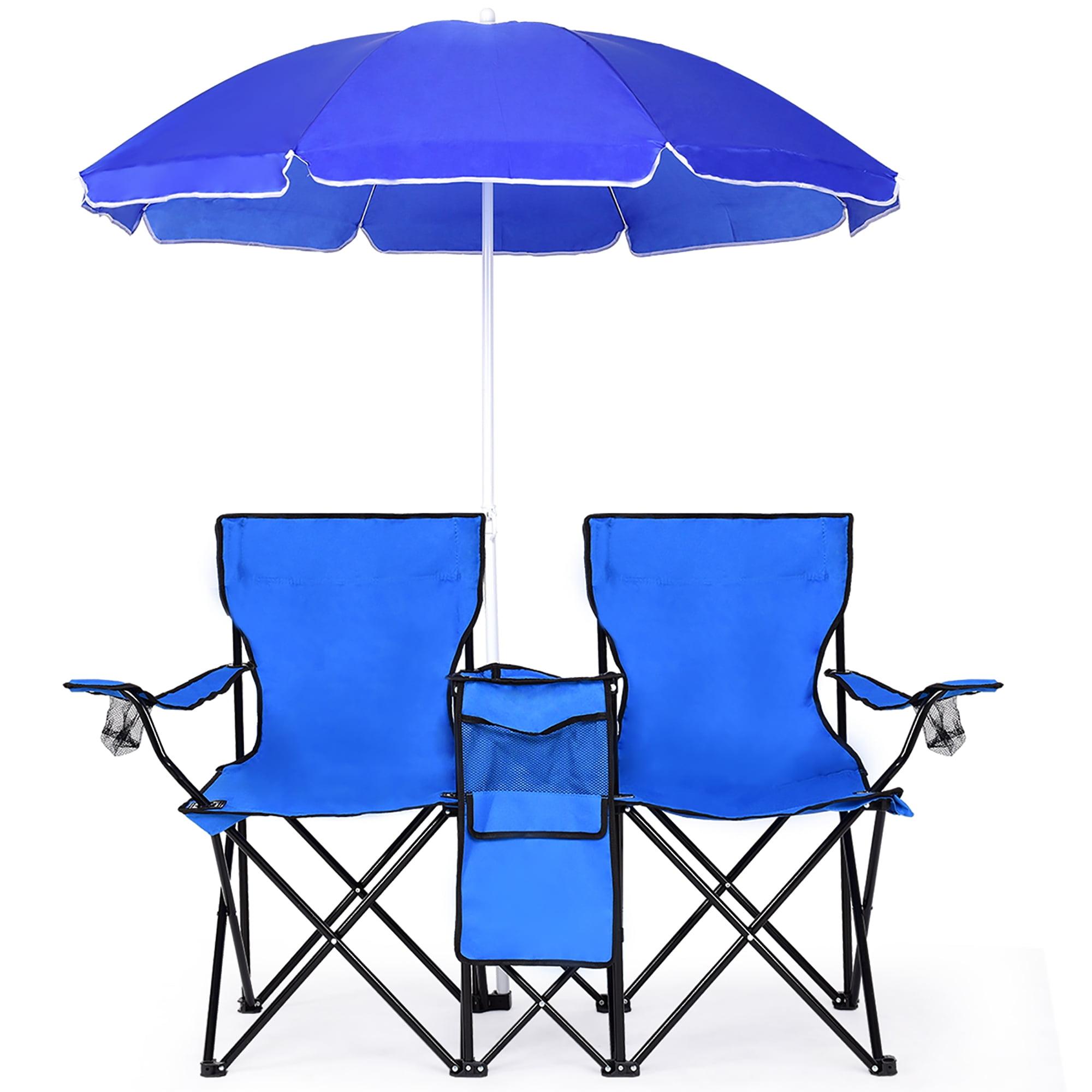 Blue Portable Folding Picnic Double Chair with Umbrella and Cooler