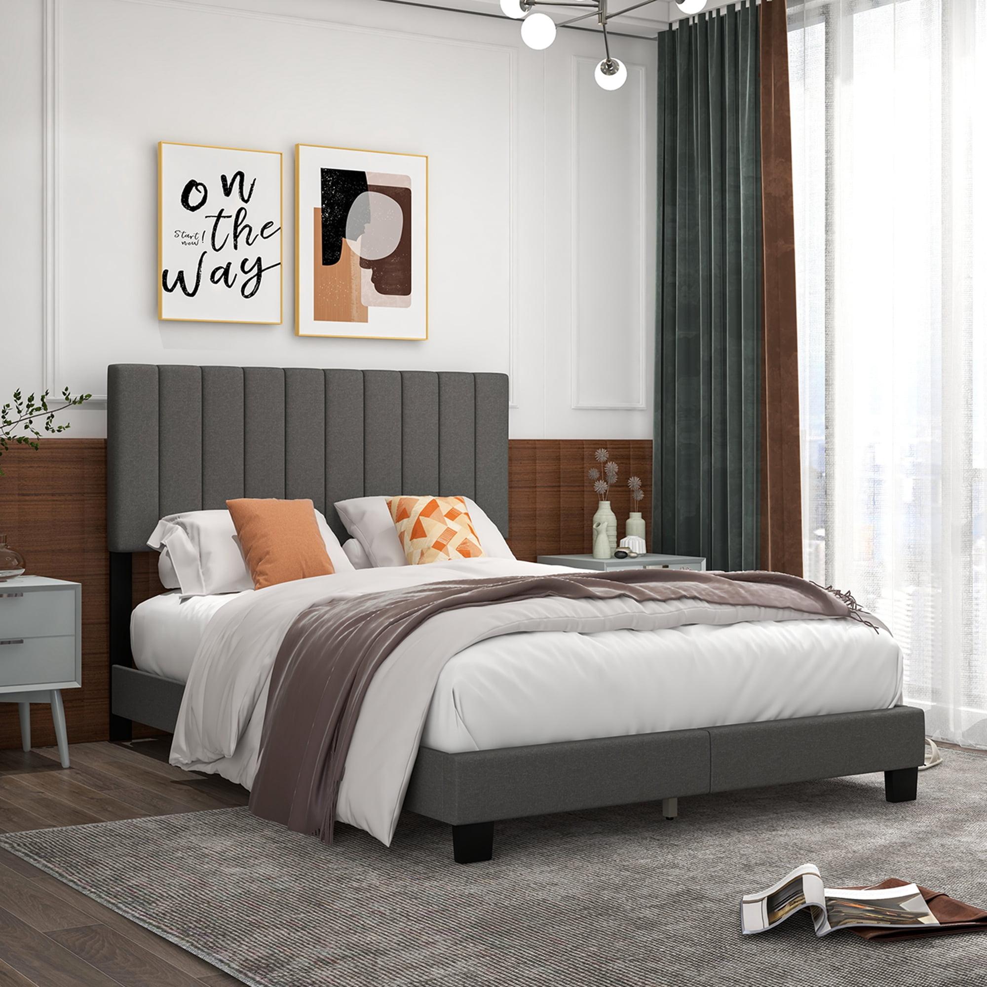 Costway Queen Upholstered Platform Bed Frame Mattress Foundation Box Spring Needed Gray