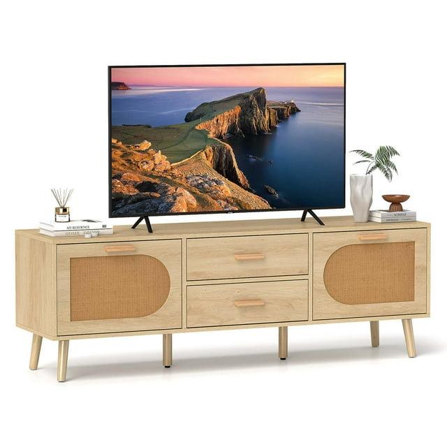 Resenkos Entertainment TV Stand,Entertainment CenterRattan TV Stand for 65-Inch TV with Drawers and Solid Wood Legs-Natural
