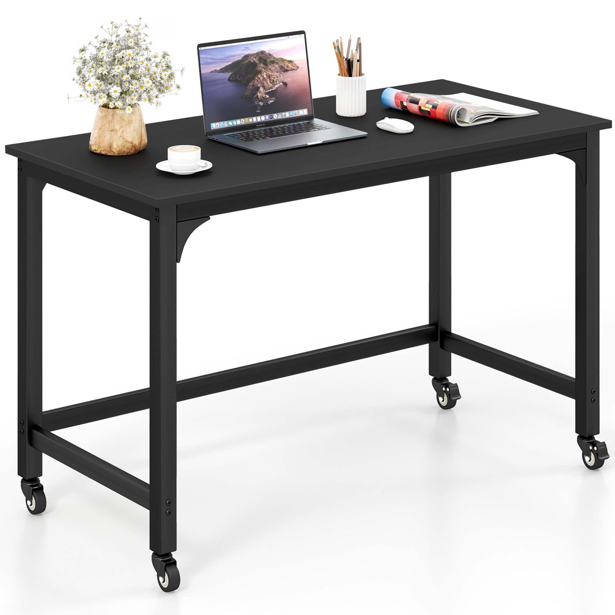 Black Rolling Computer Desk with Wood Top and Metal Frame