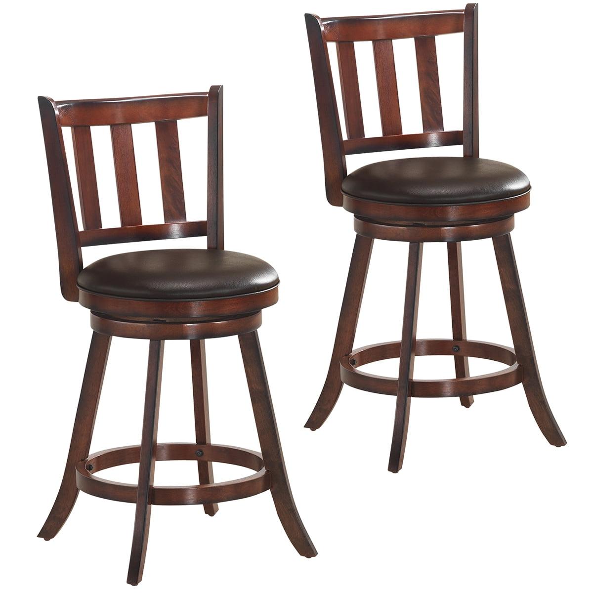 Brown Wood and Leather Swivel Bar Stools, 25'' Set of 2