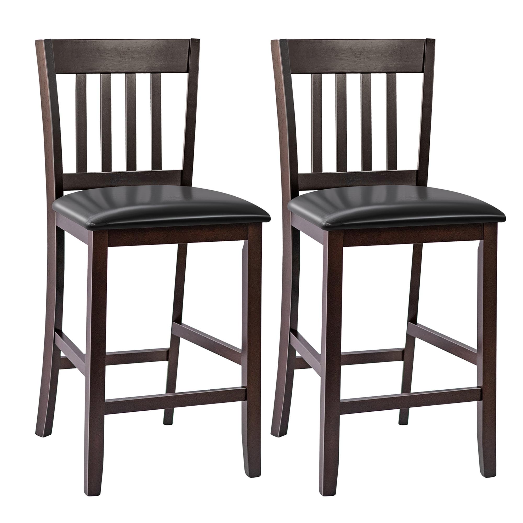 Elegant Espresso Wood Bar Stools with Cushioned PU Leather Seat, Set of 2