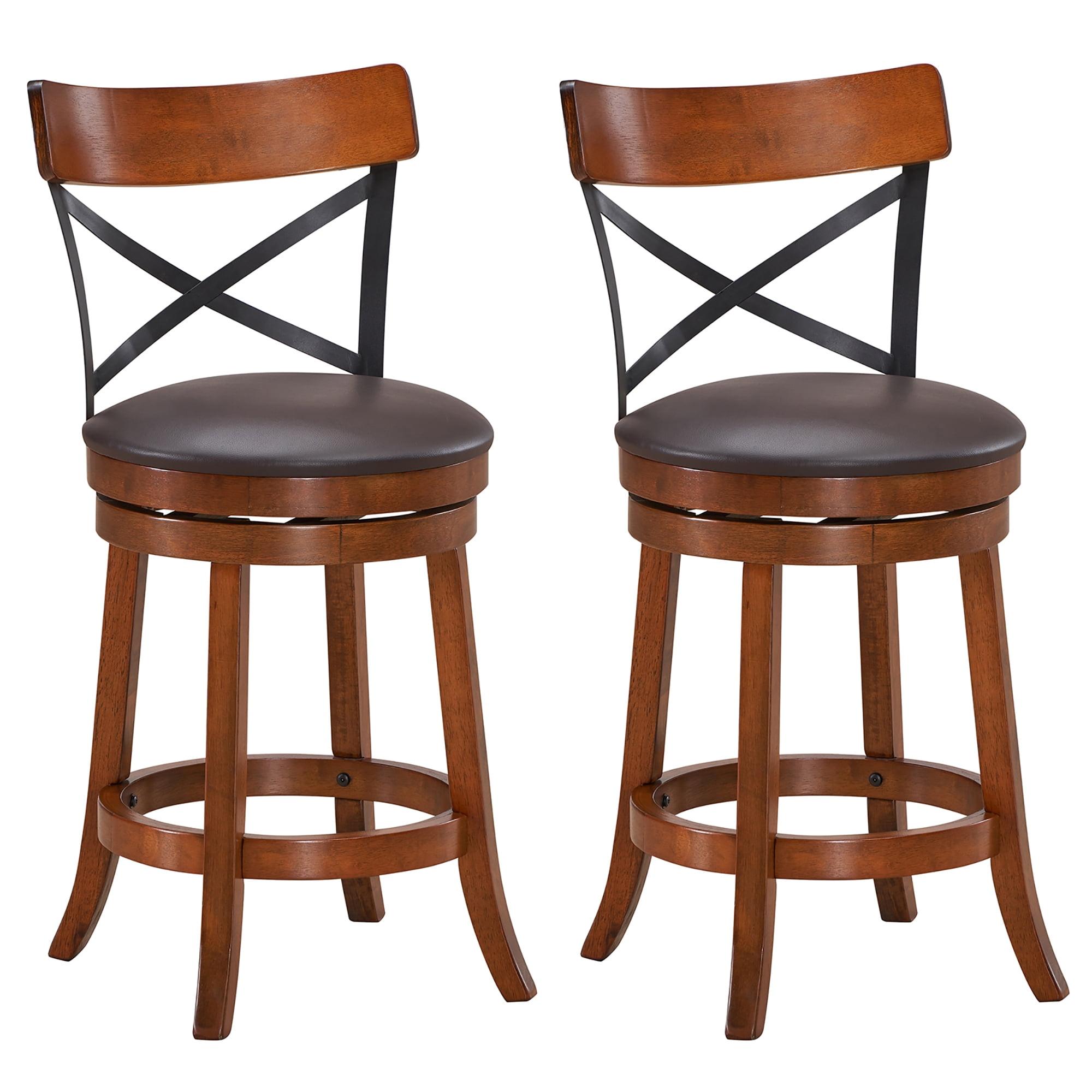 Set of 2 Swivel Brown Rubberwood Bar Stools with Metal Backrest