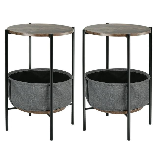 Costway Set of 2 Industrial Round End Side Table Sofa Coffee Table w/ Storage Basket