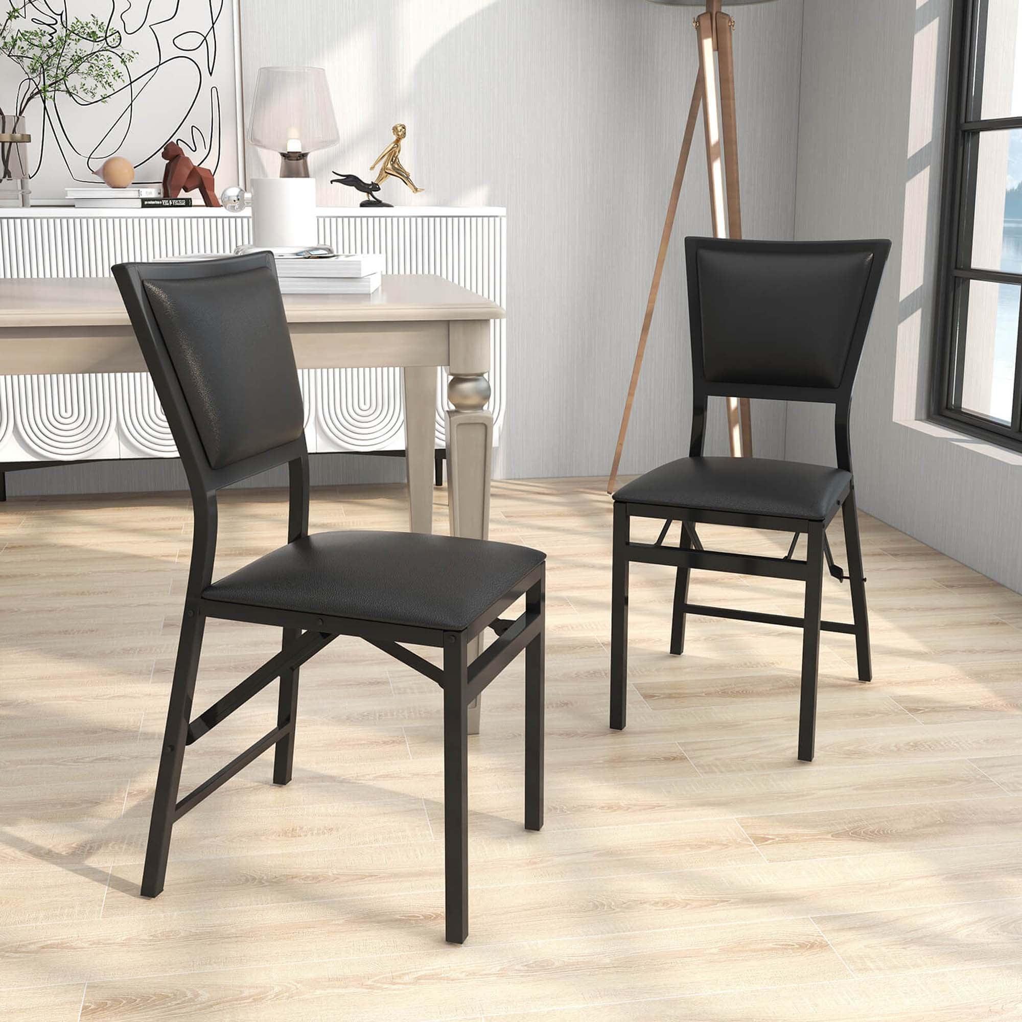 Black PU Leather Upholstered Metal Folding Side Chairs, Set of 2